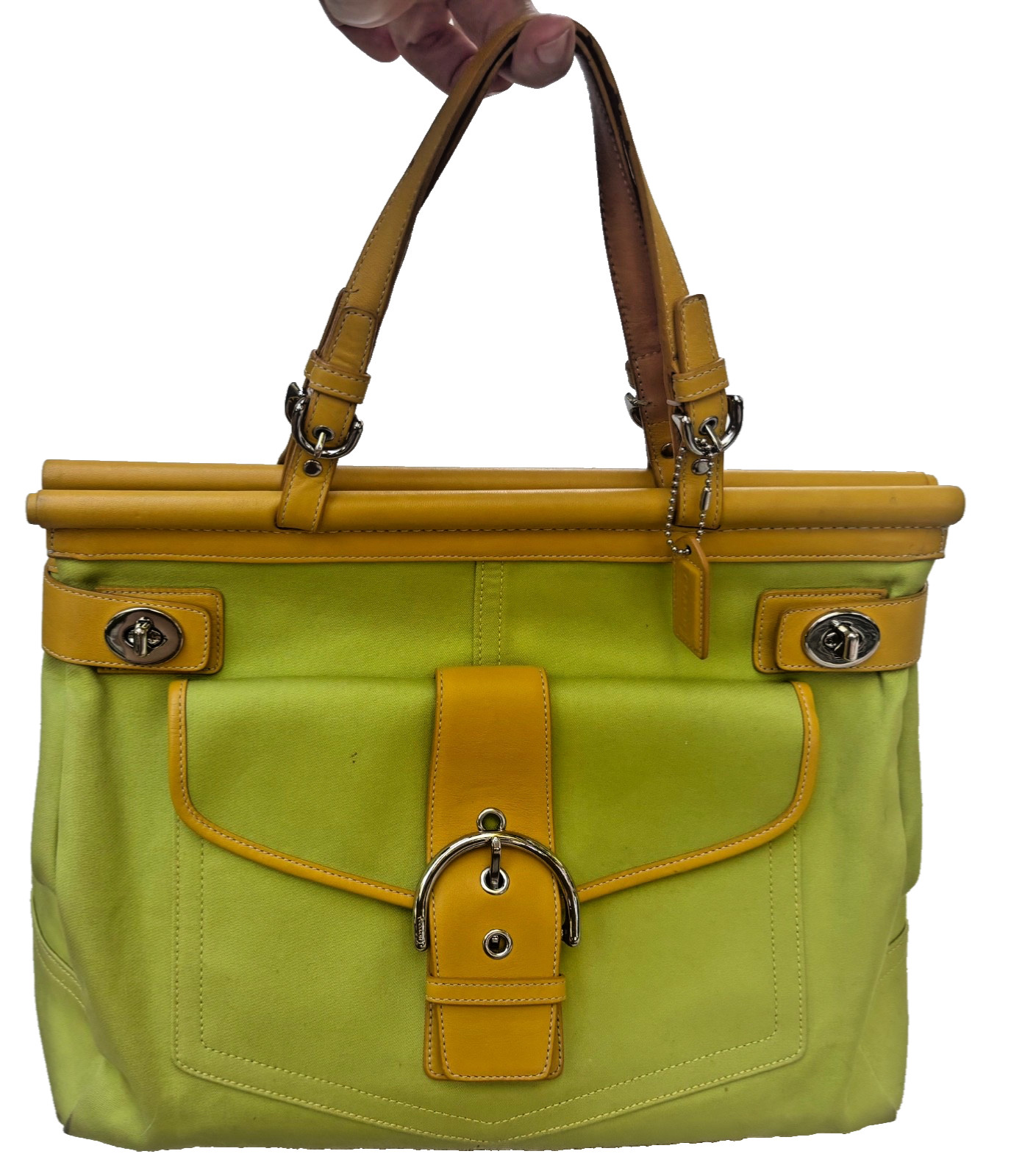 Vintage Coach Hampton 9367 Green Canvas Yellow Leather Carryall Tote