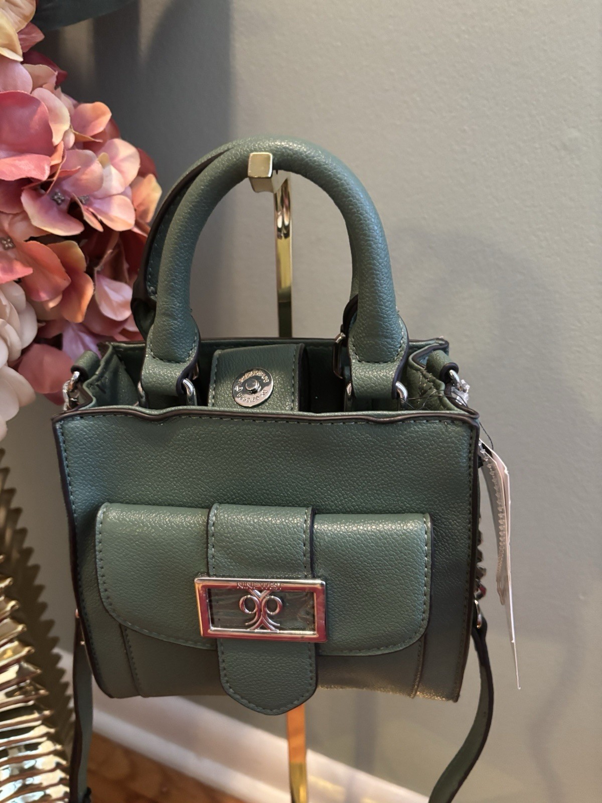 Nine West Olive Green Studded Mini Satchel Top Handle Bag with Detachable Strap