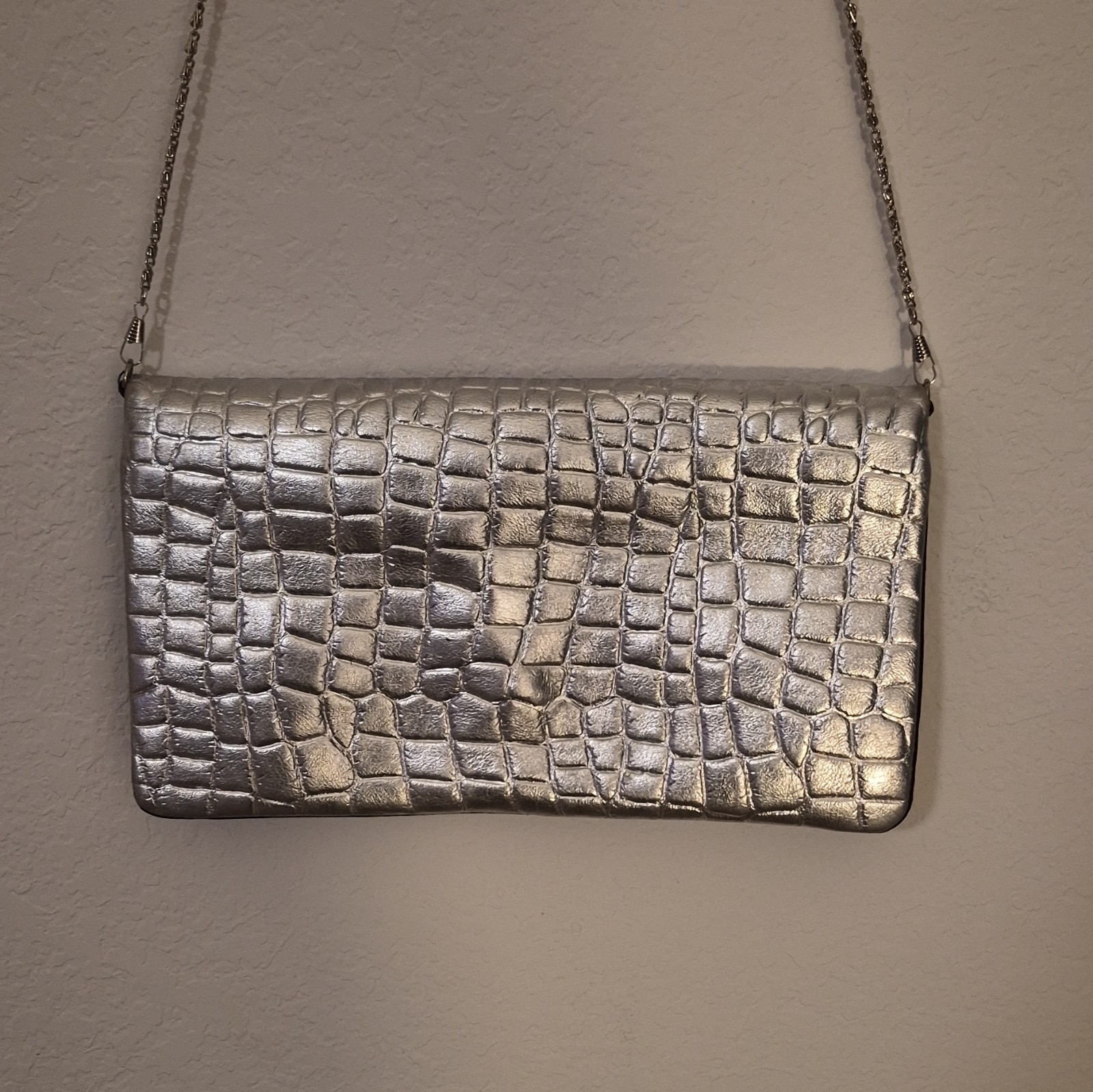 Tory Burch Metallic Silver Croc Embossed Leather Foldover Clutch Crossbody Bag
