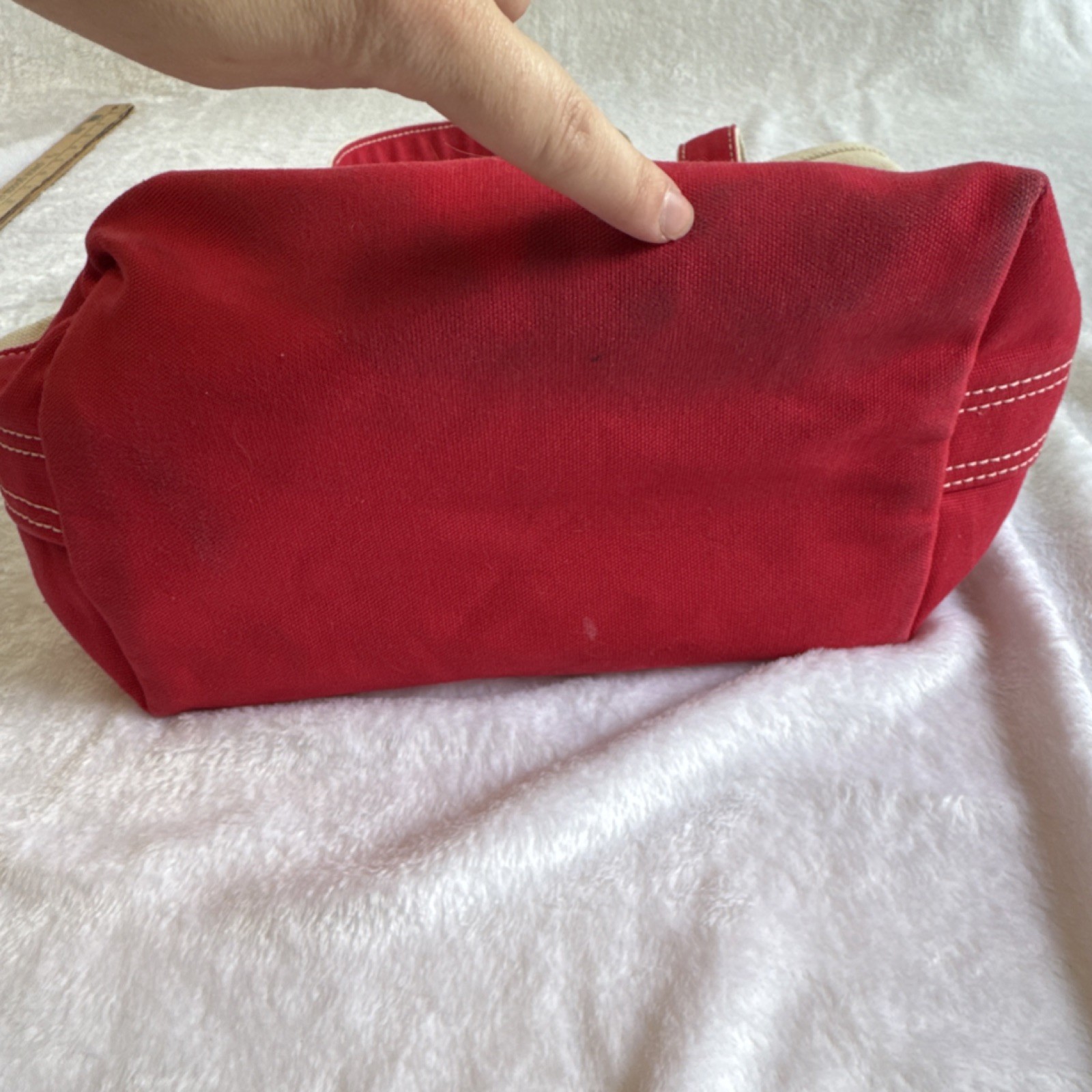 Lands’ End Beige Red Colorblock Tote Large Double Handles Key Holder Pockets