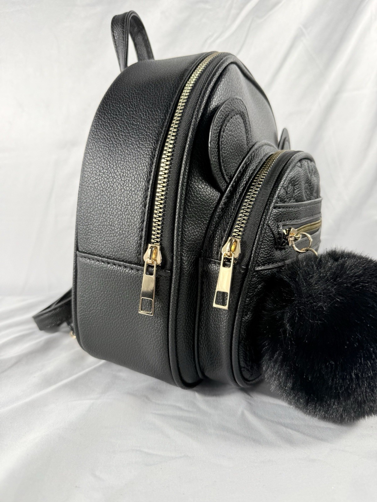 Under One Sky Black Quilted Mini Backpack/Purse MOUSE EARS Pompom Faux Leather