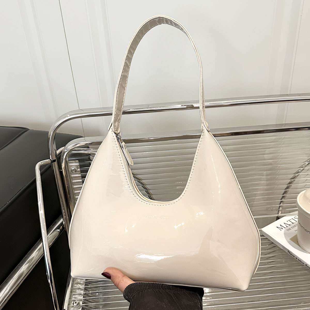 Vintage Patent Leather Underarm Bag Minimalist Women Shoulder Handbag Trendy Bag