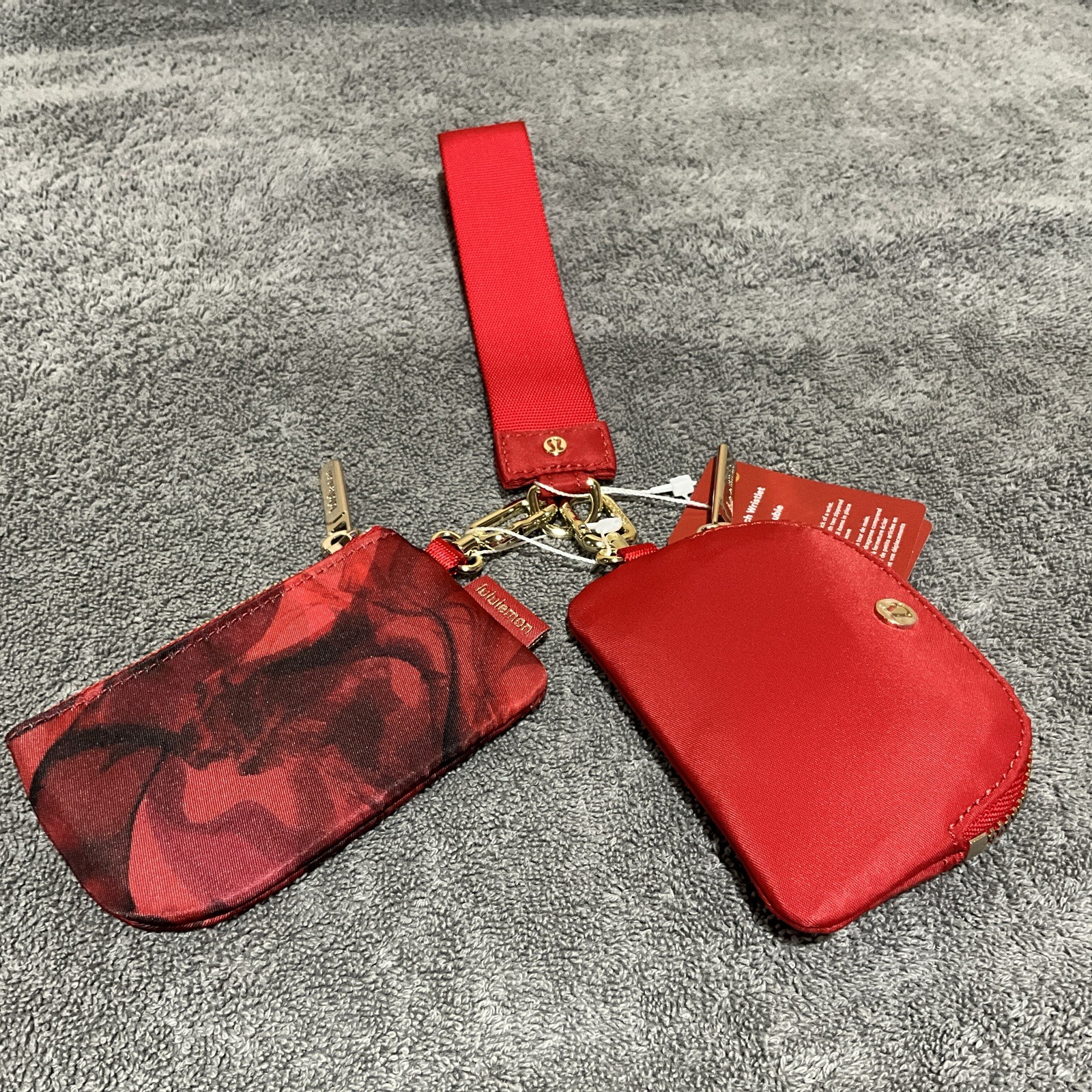 Lululemon Dual Pouch Wristlet Lunar Plumes Mini Red/Oxford Red/Gold Super Cute!