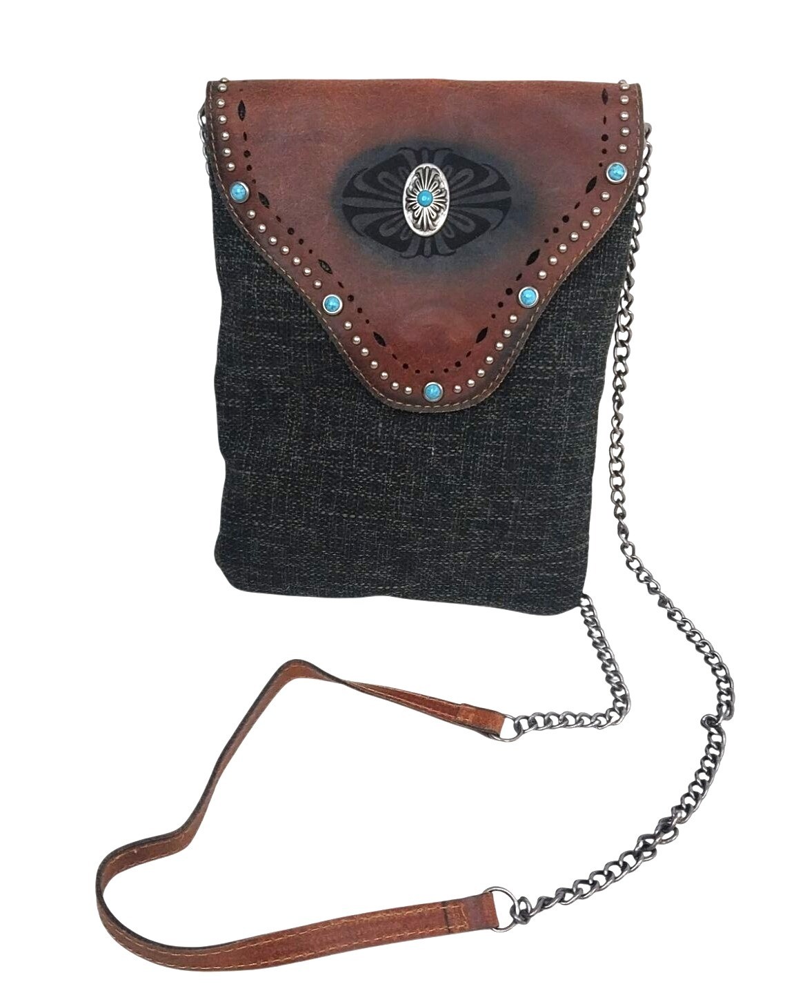 Turquoise Studded Purse Faux Leather Tweed Cross Body Boho Western Native Chain