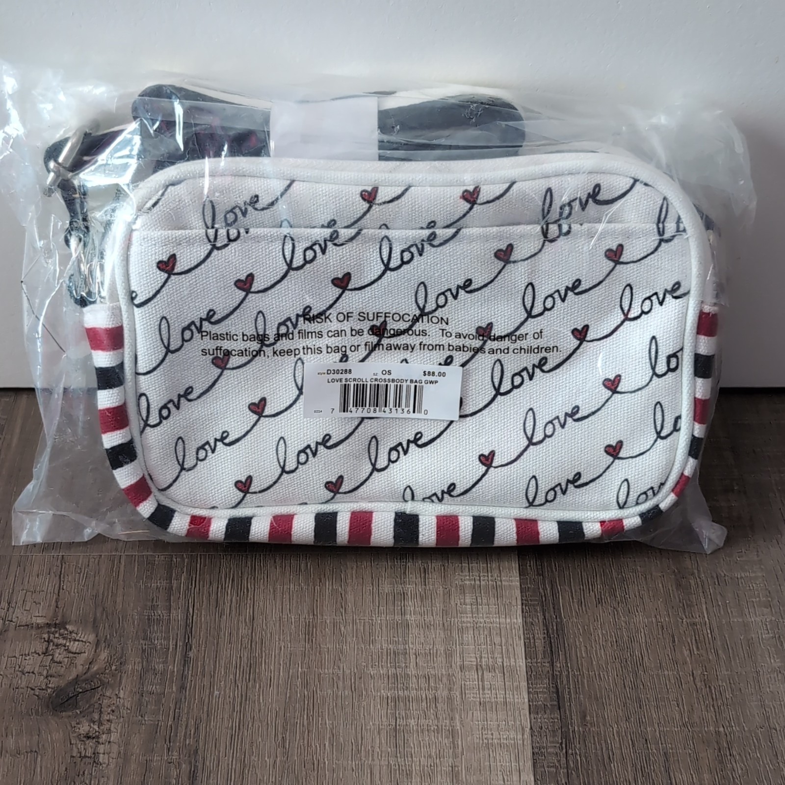 Brighton Love Scroll Small Crossbody Zip Heart Striped Strap White/Red/Black