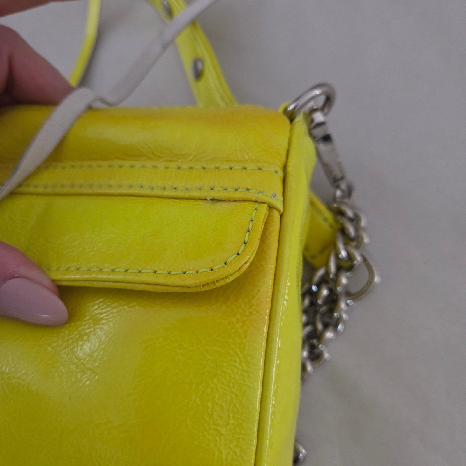 New with Flaws Rebecca Minkoff Chartreuse Mini Mac Patent Leather Crossbody Bag