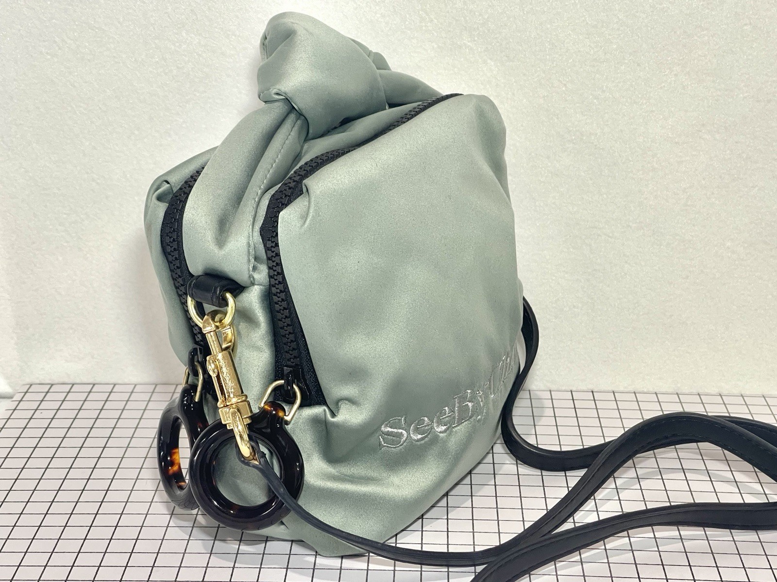 Auth See By Chloé Tilly Mini Crossbody Camera Bag Satin Sage Green Tortoise