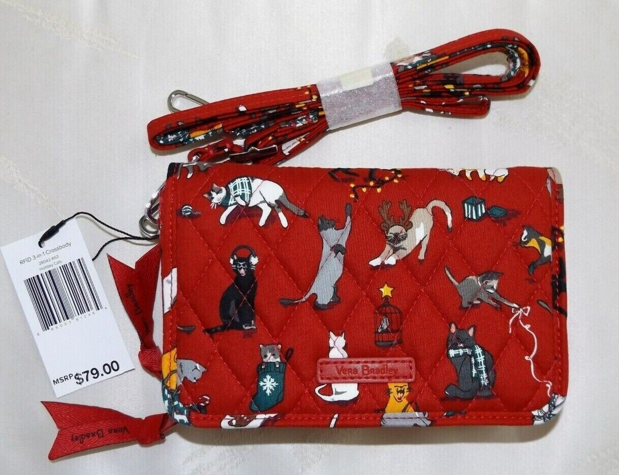 VERA BRADLEY 3 in 1 Crossbody Wristlet Red Holiday Cats Meow Siamese White NWT