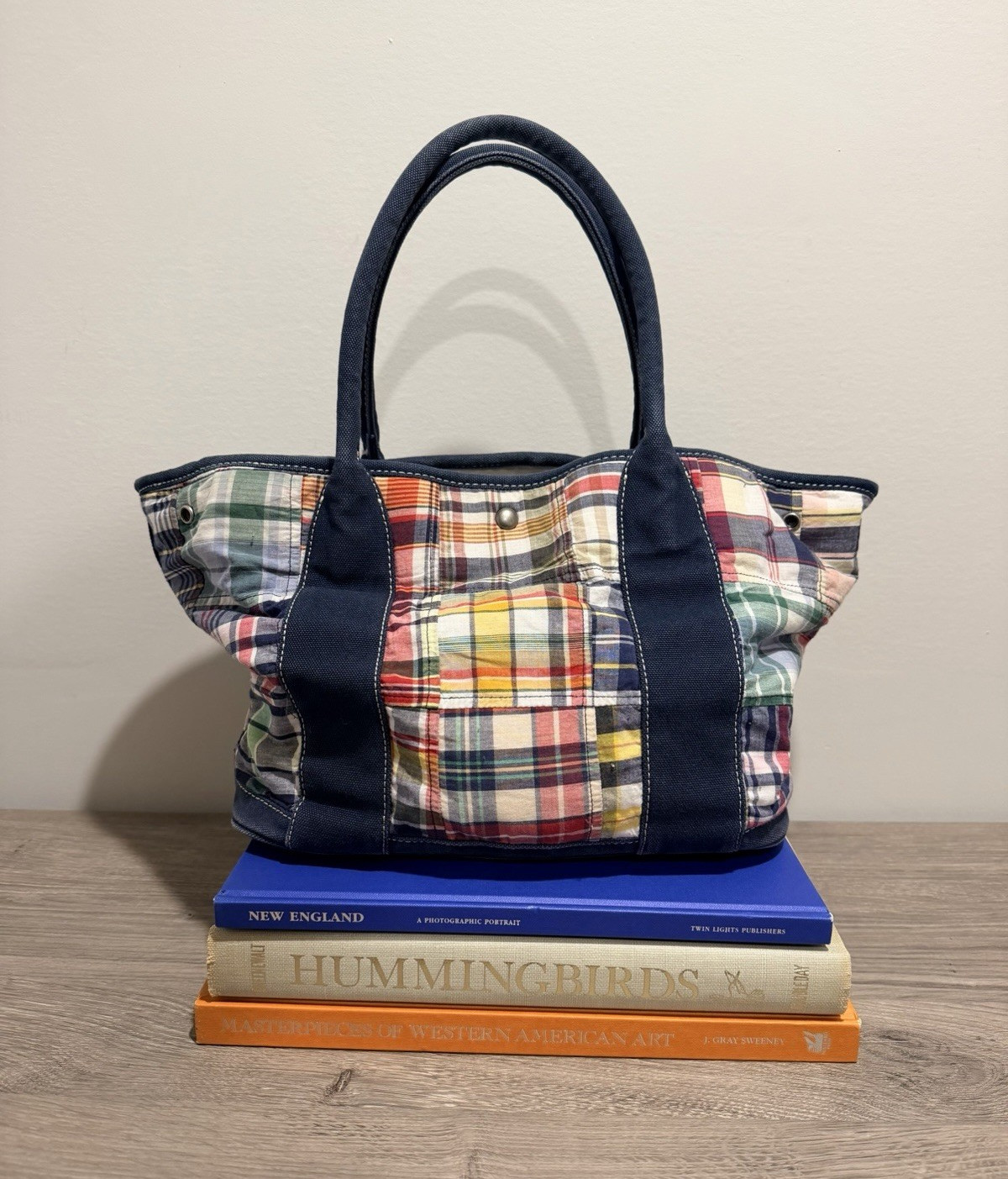 Vintage J.CREW Madras Plaid Tote Bag Snap closure Double Handles Pouch Lined