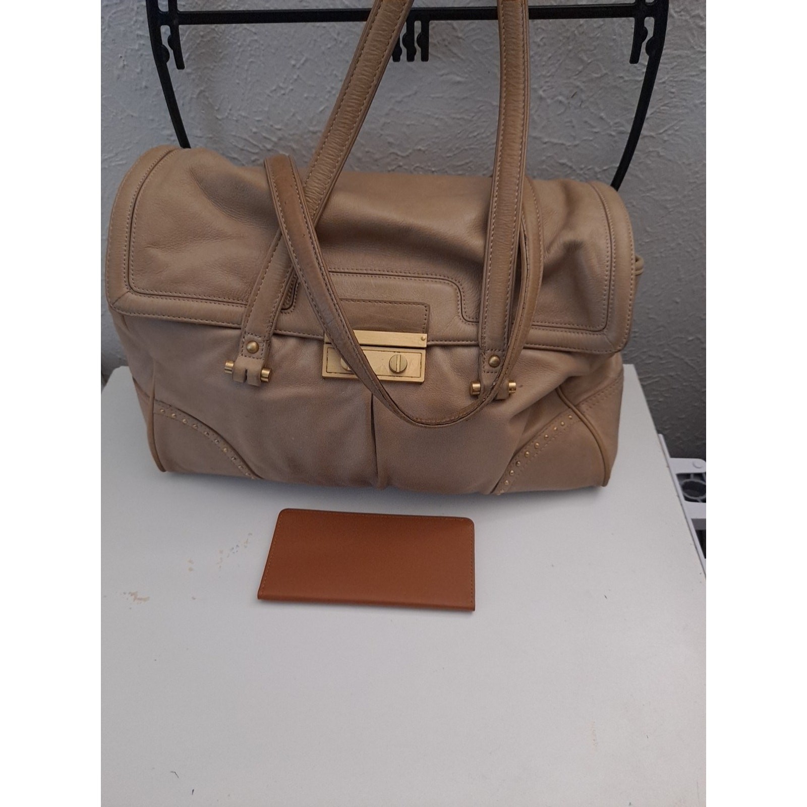 Talbots Lg Beige Tan Butter Soft Leather Shoulder Handbag Studded + Checkbook