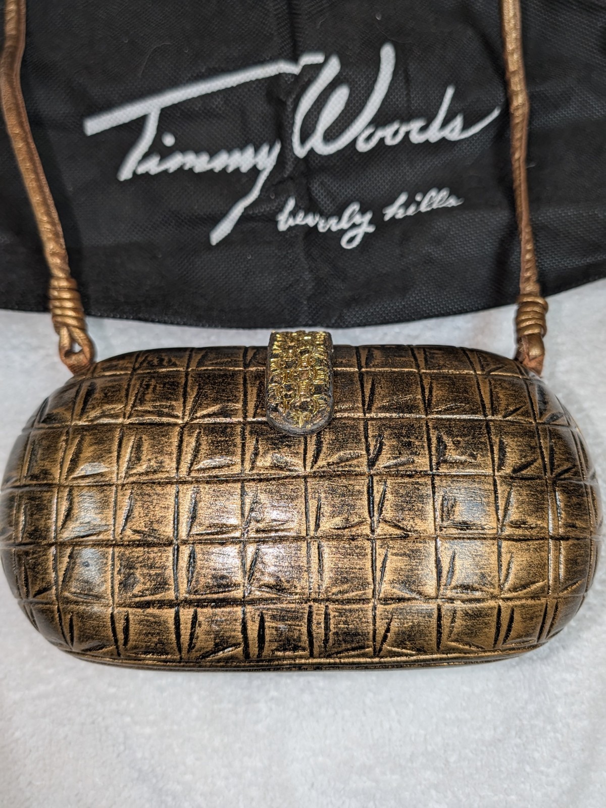 Timmy Woods Beverly Hills “Elizabeth/Louranne” Hand Carved Acacia Wood Clutch