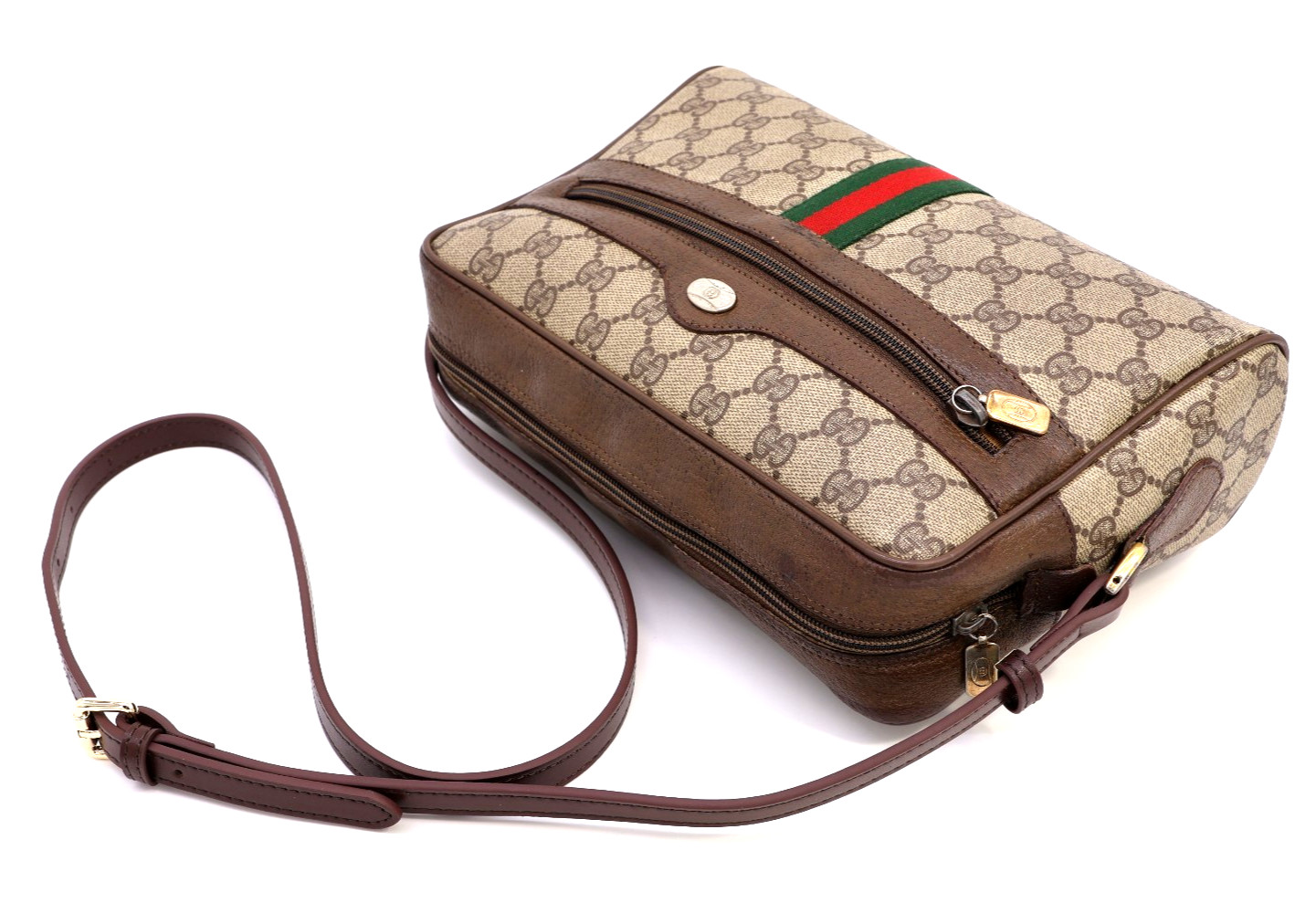 GUCCI VINTAGE Ophidia Shoulder Bag Web Stripe Brown Large Classic Authentic