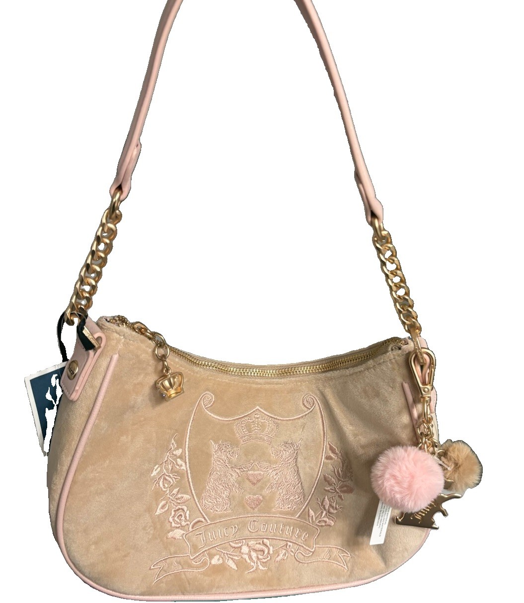 Juicy Couture Crescent Shoulder Bag Beige Pink Chain Strap Zip Gold Charm