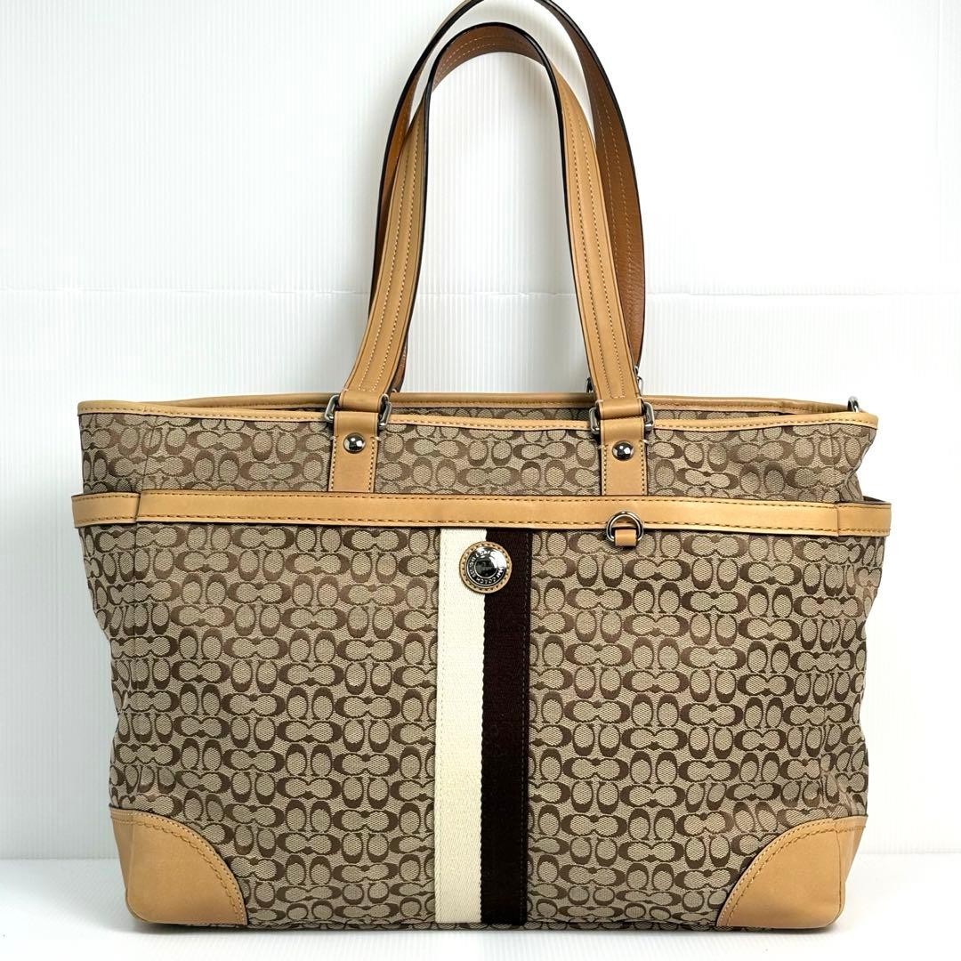Authentic COACH Tote Bag GG Pattern Canvas Brown 11.4in x 18.9in x 4.3in Authent