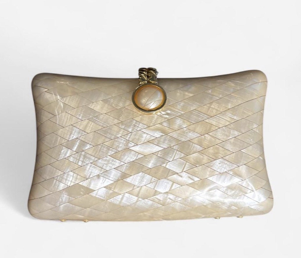 Mother of Pearl Clutch w/ Glossy Gold Chain Shoulder Strap, Formal Small