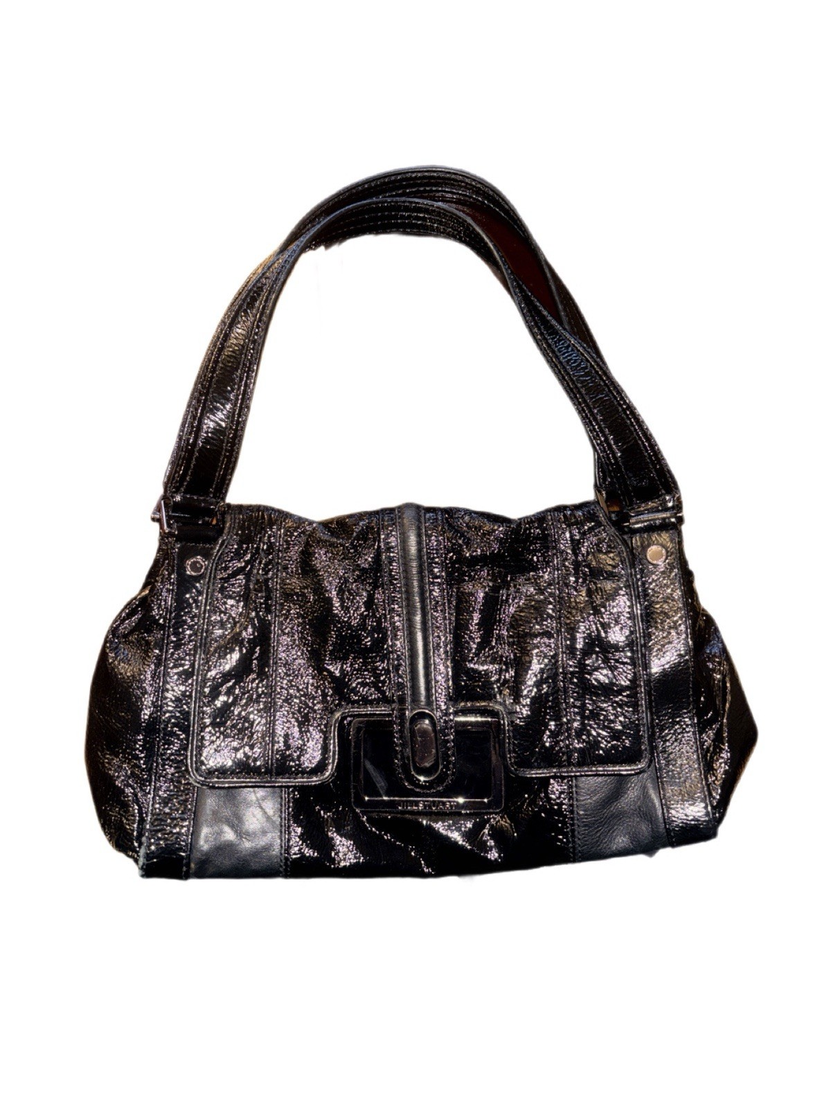 jill stuart black patent shoulder bag with blue satin lining