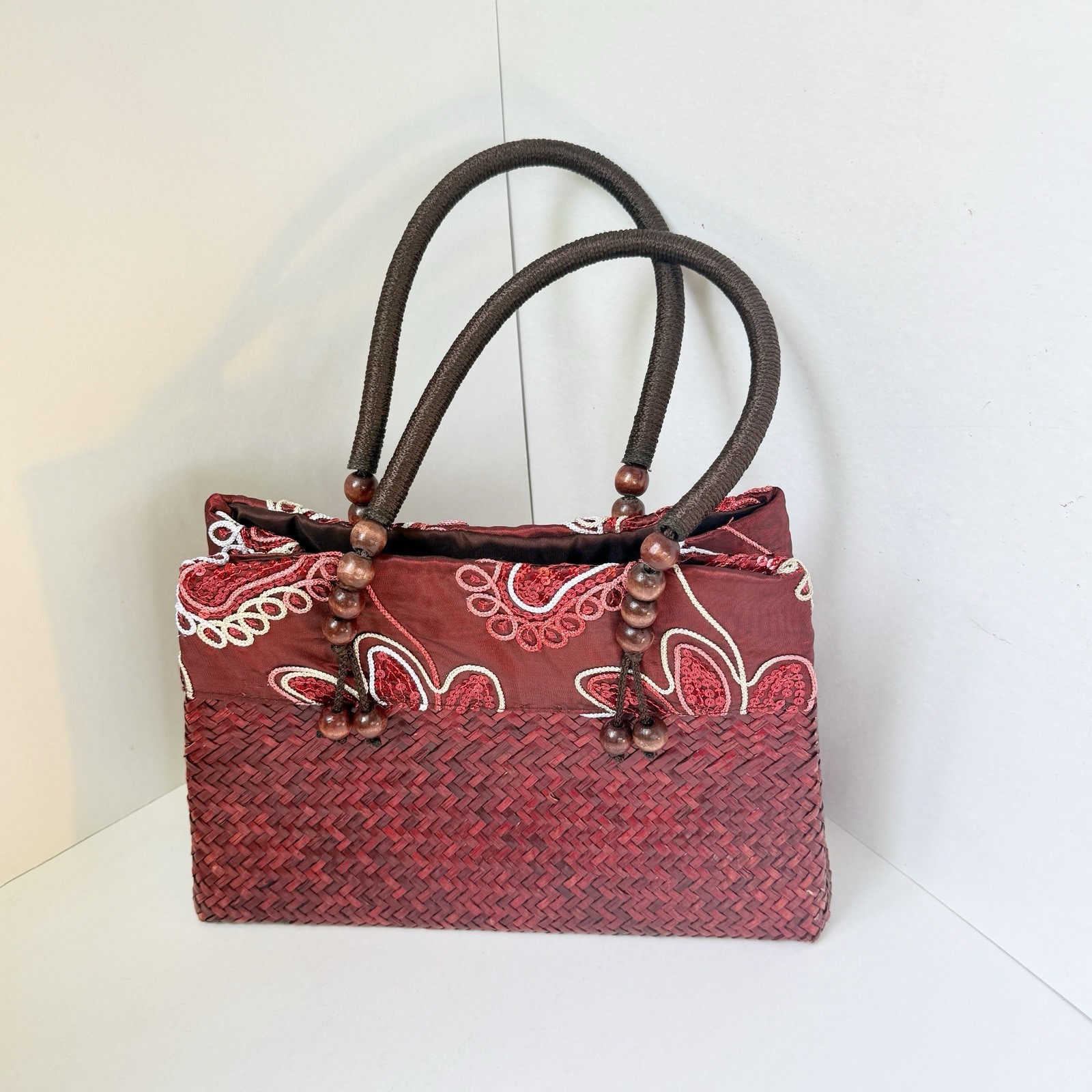 Woven Wicker Straw Red Boho Purse Shoulder Bag Handbag Sequins Beads Embroidered