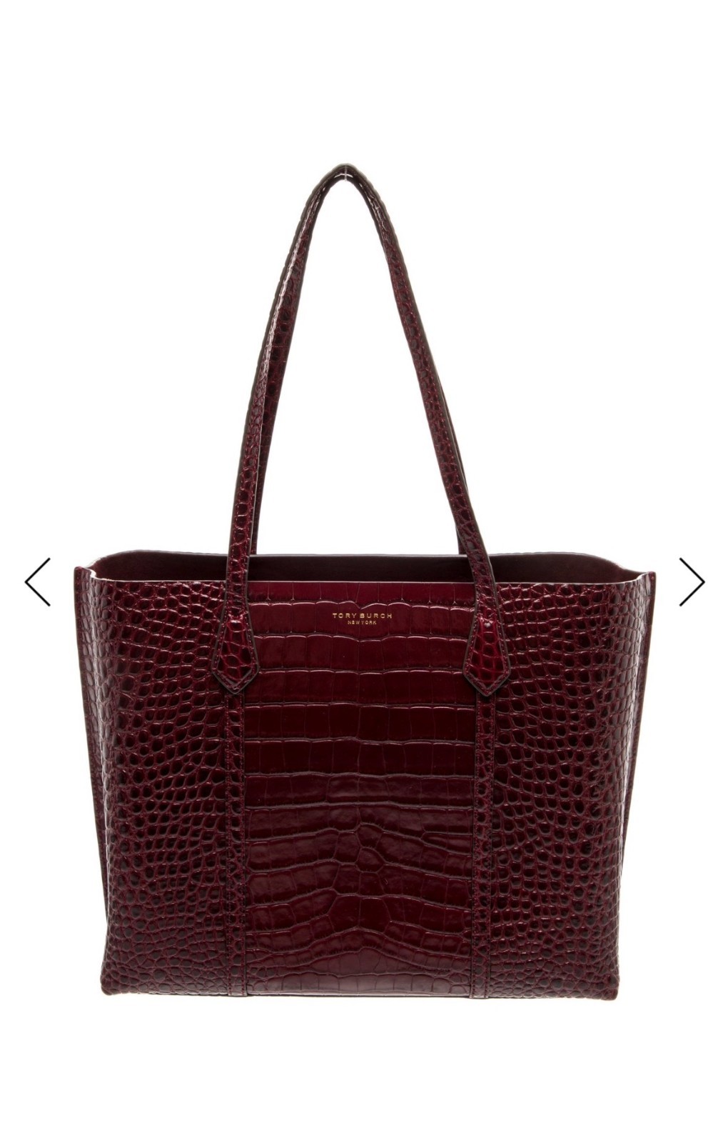 Tory Burch Perry Claret Croc Embossed Triple Compartment Zip Tote Bag Gold Logo