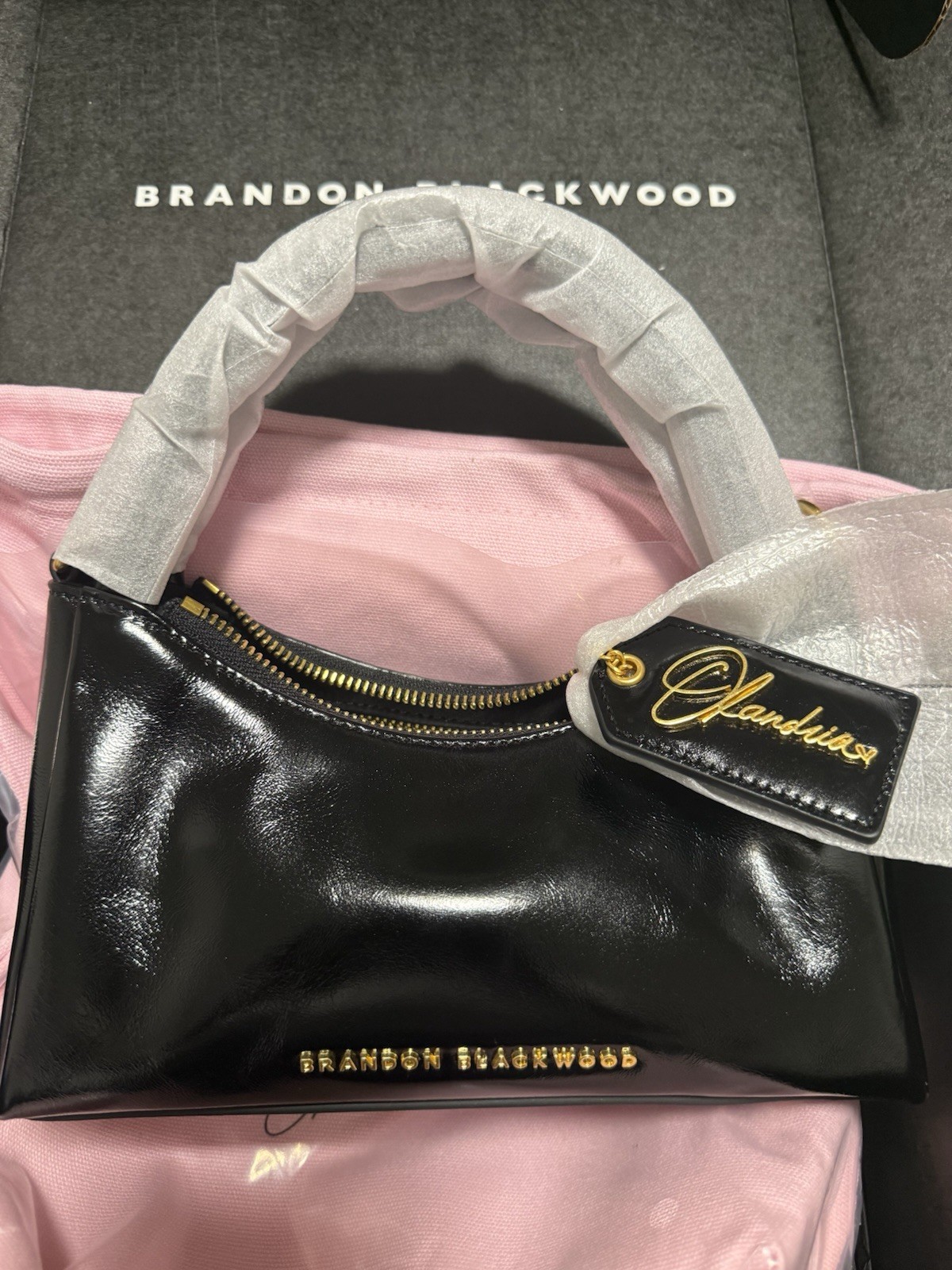 Brandon Blackwood x Olandria Black Glossy Top Handle Bag Zip w/ Dust Bag & Box