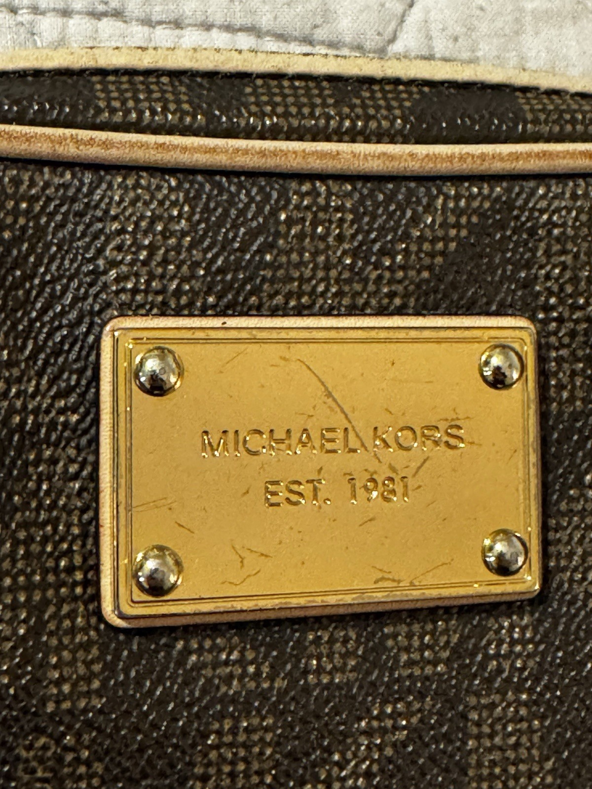 Michael Kors Brown/Beige Monogram Zip Crossbody Bag w/ Gold Chain Strap