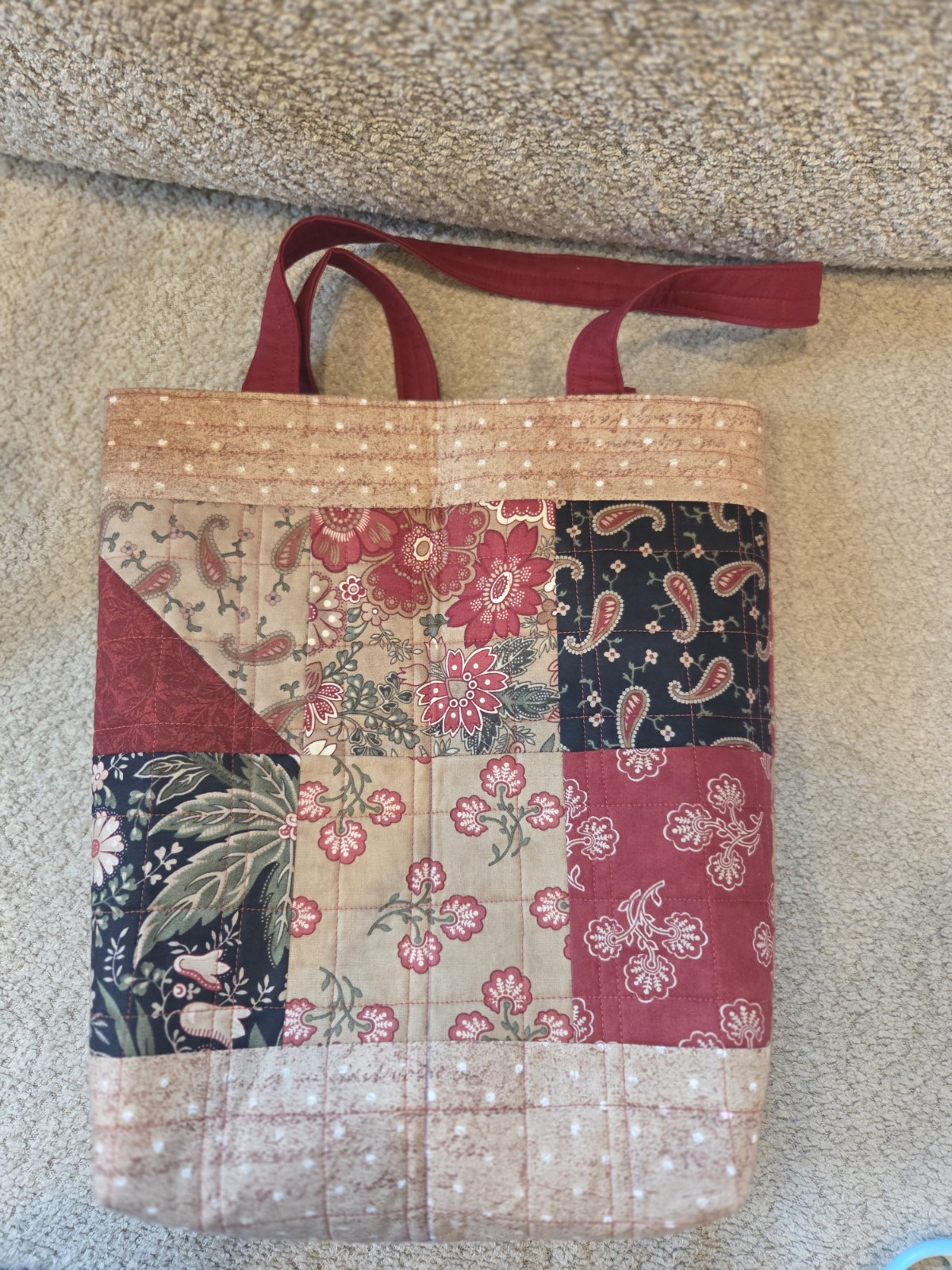 Handmade Multicolor Red Paisley Quilted Tote Bag Large Shoulder Straps