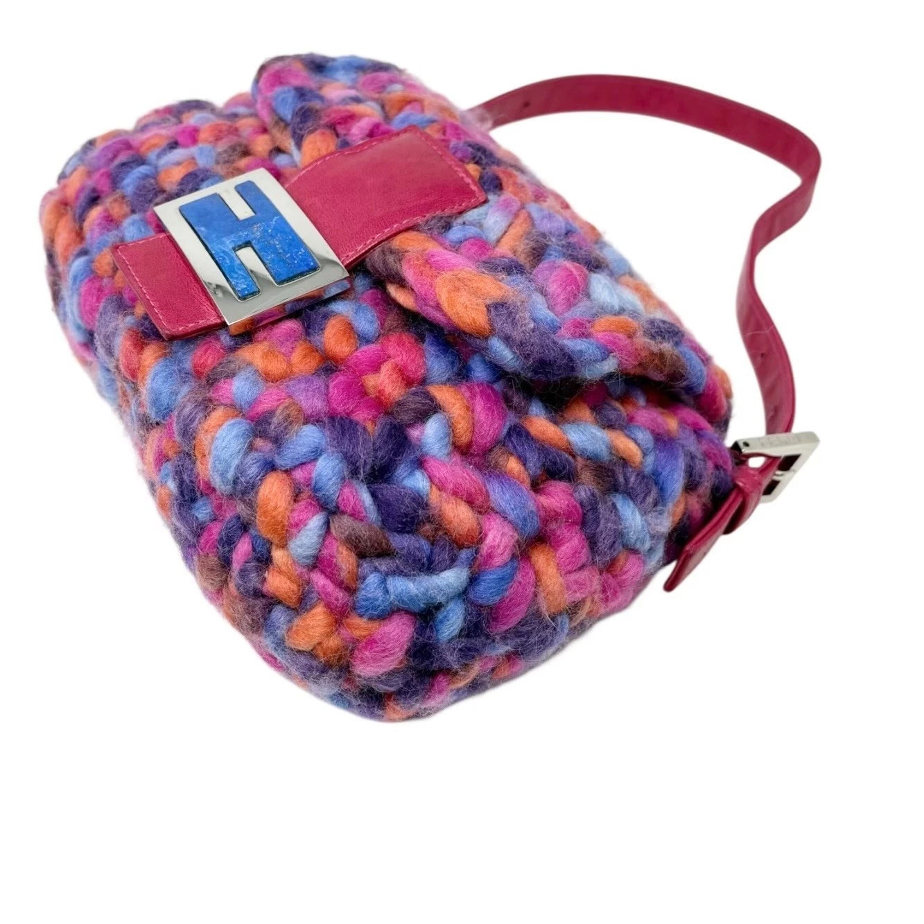 Fendi Multicolor Knitted Crochet Wool Baguette Pink Leather Strap Authentic