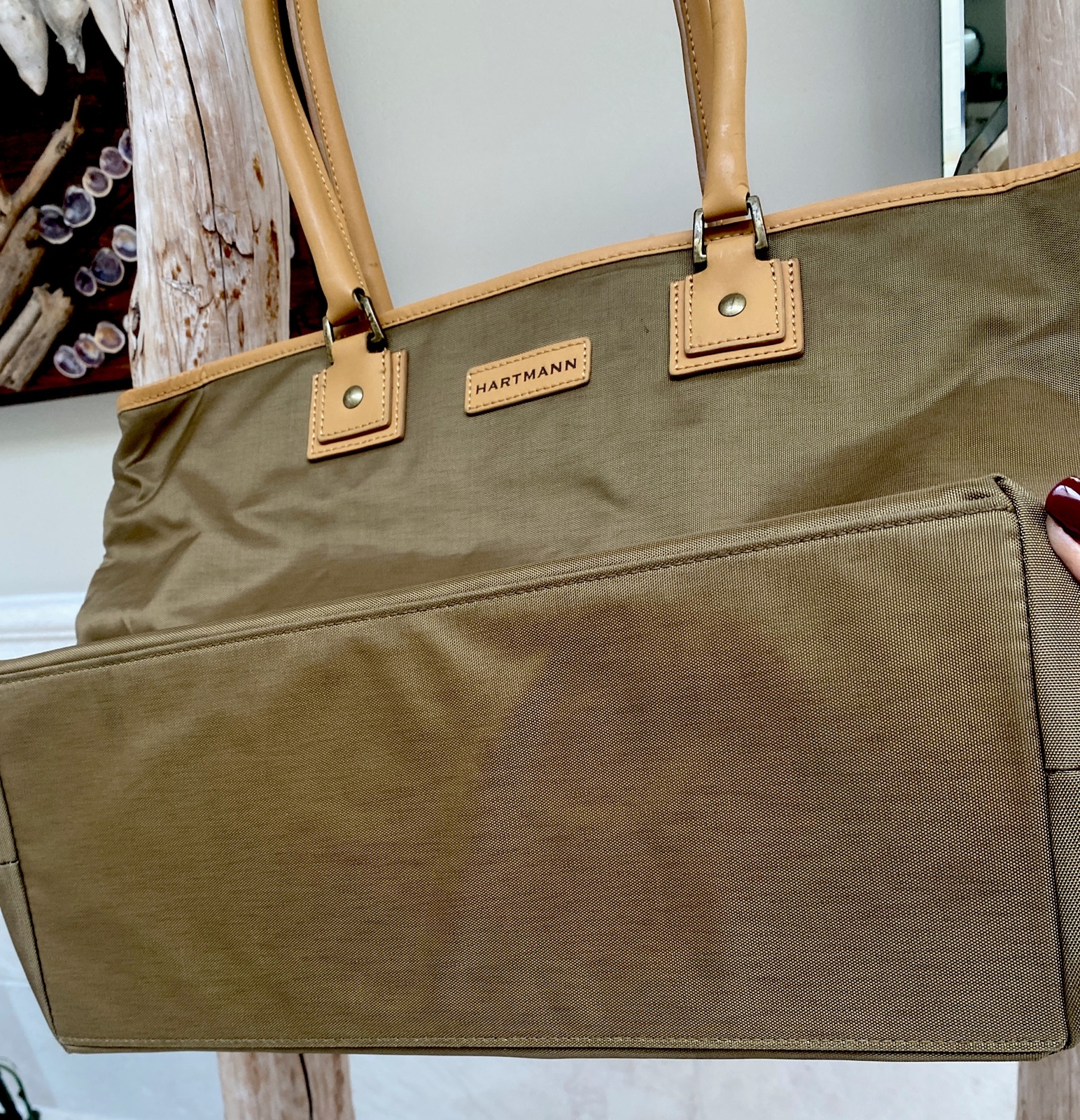 Hartmann Tan Nylon Tote Shoulder Bag Leather Trim Handles -Great size AS IS