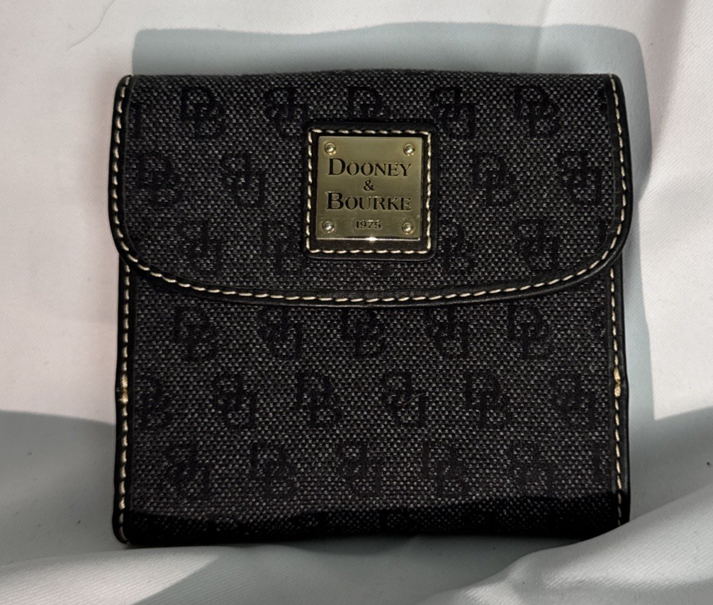 Dooney & Bourke Signature Black Gray DB Wallet Coin Card Zipper Case 4.5×5” Key