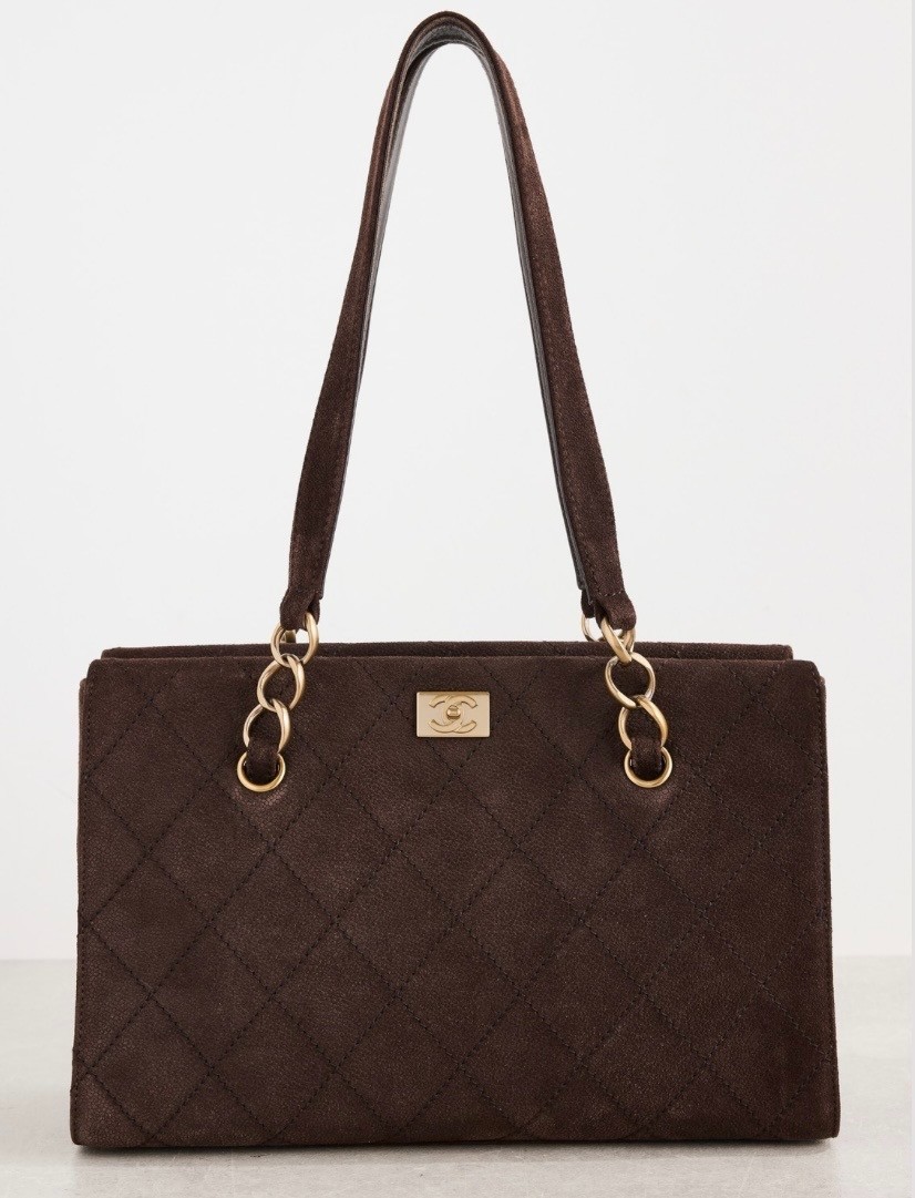 RARE~Chanel Suede Calfskin Antique Gold Metal Brown Shoulder Bag