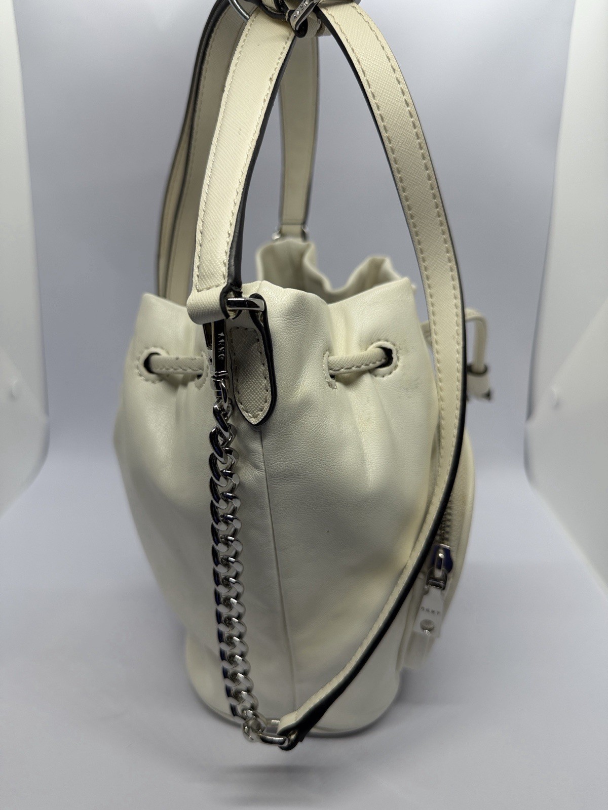 DKNY Cream Drawstring Crossbody Bucket Bag