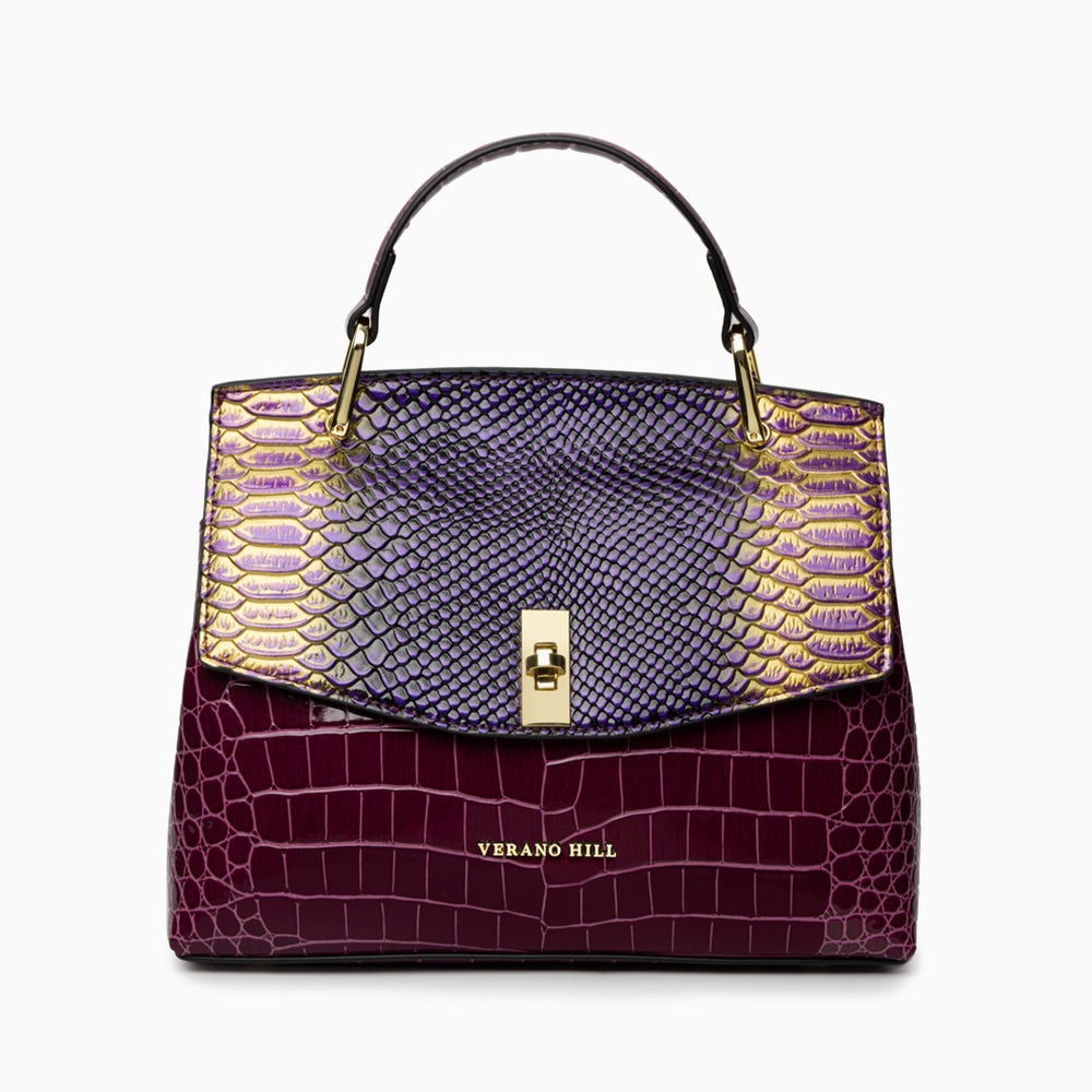 VERANO HILL Red & Gold Metallic Crocodile Satchel Top Handle Bag w Gold Hardware