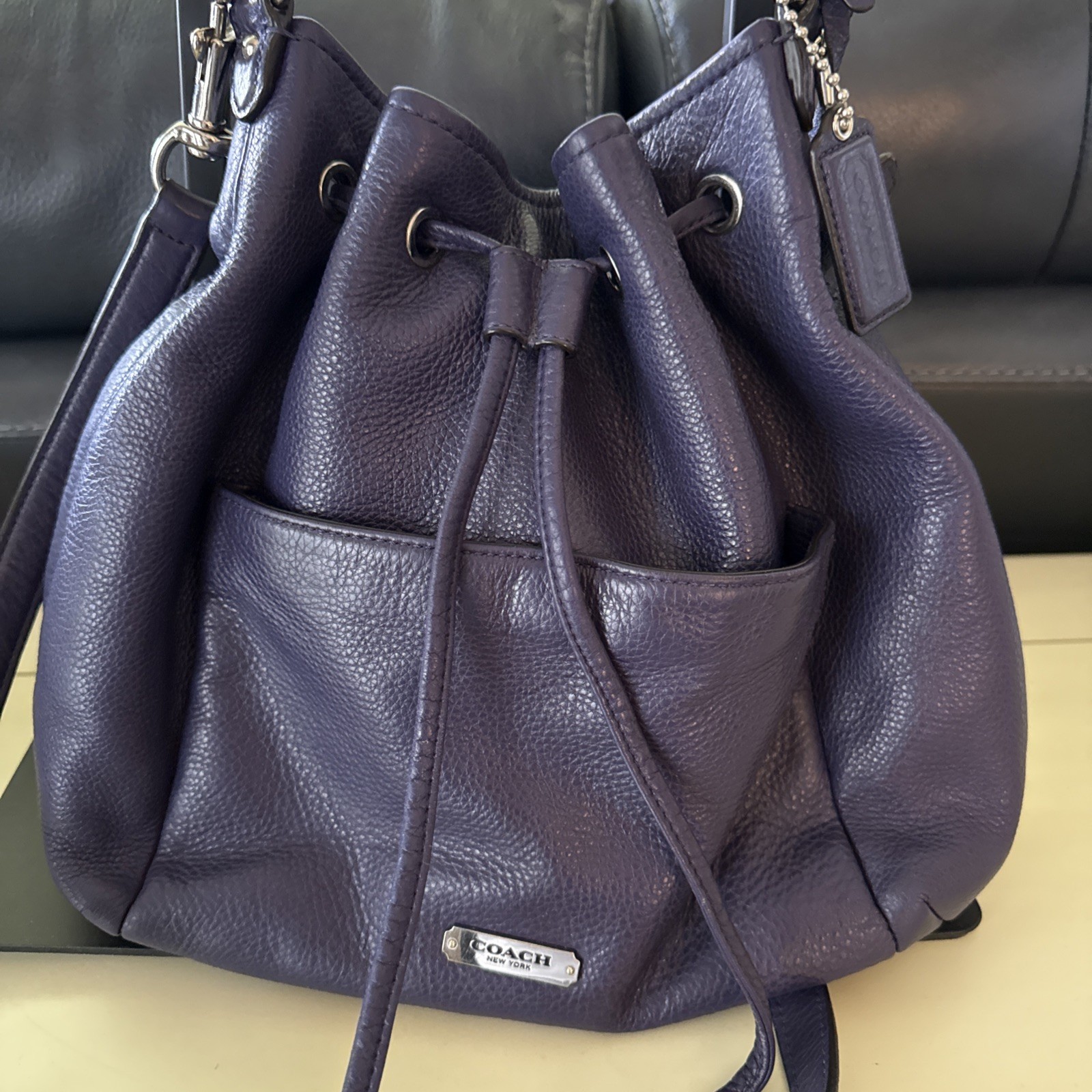 Coach Avery Leather Hobo Drawstring 2-way Bag In Indigo Purple
