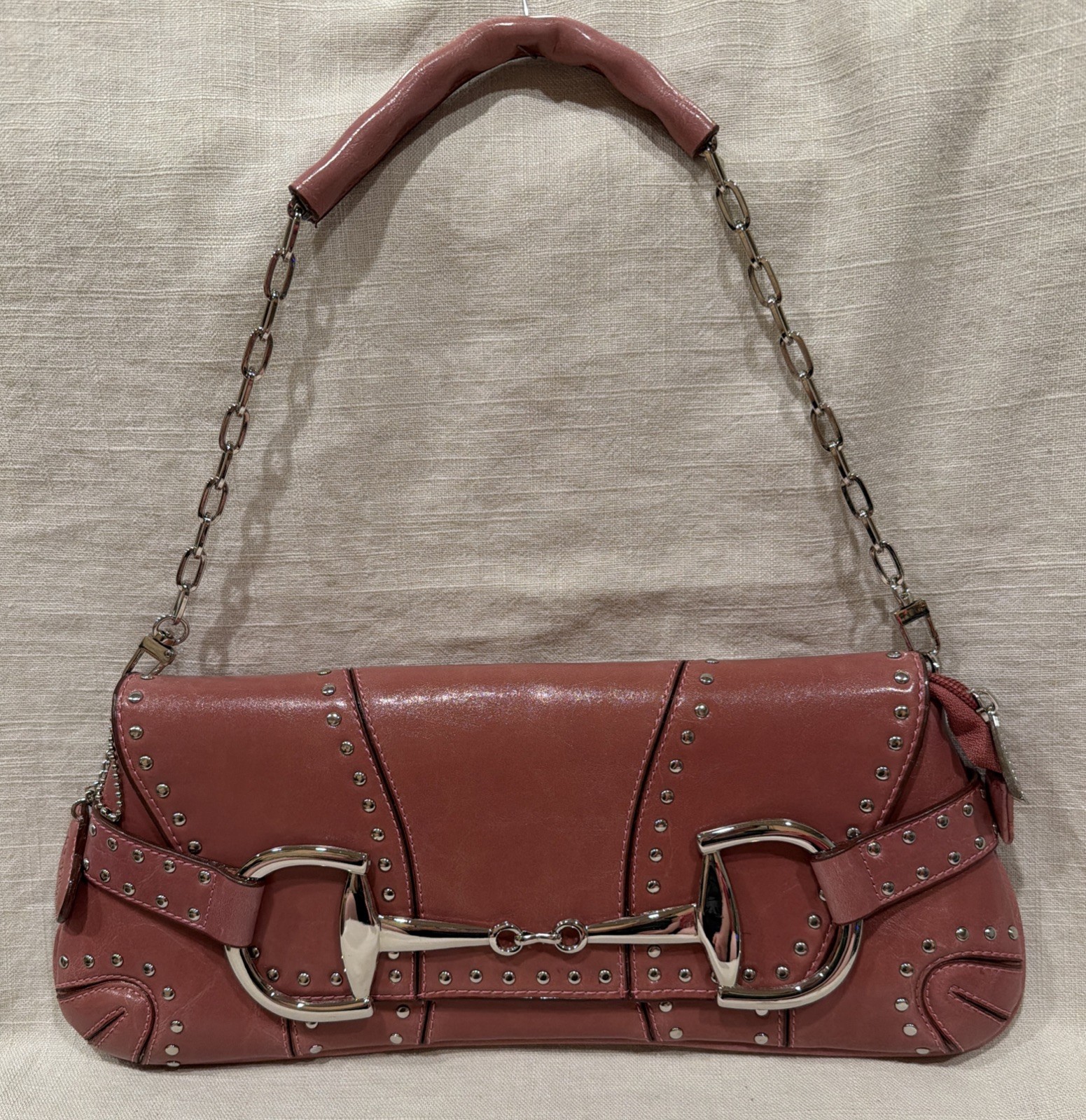 Rina Rich Y2K Horsebit Studded Shoulder Bag Pink Baguette Heart Tag Vintage