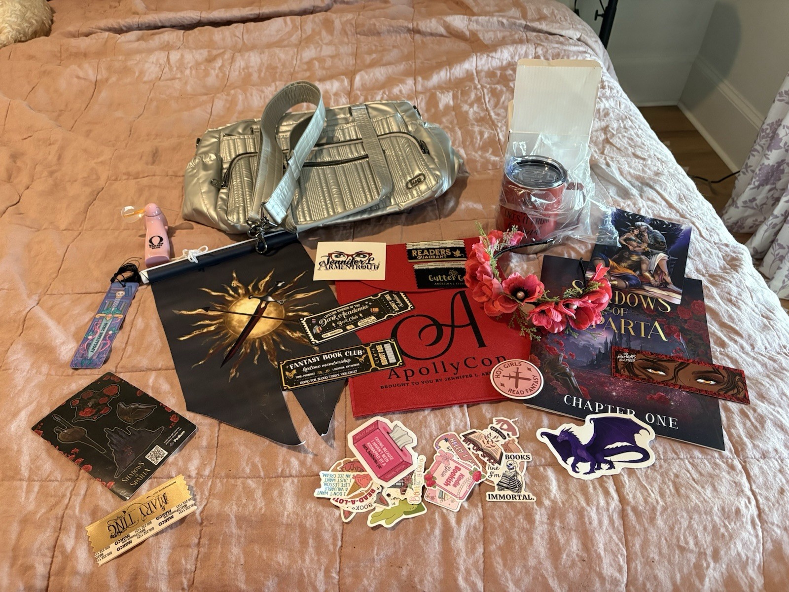ApollyCon Lug Bag, banner, crown, cup, fan, and other goodies