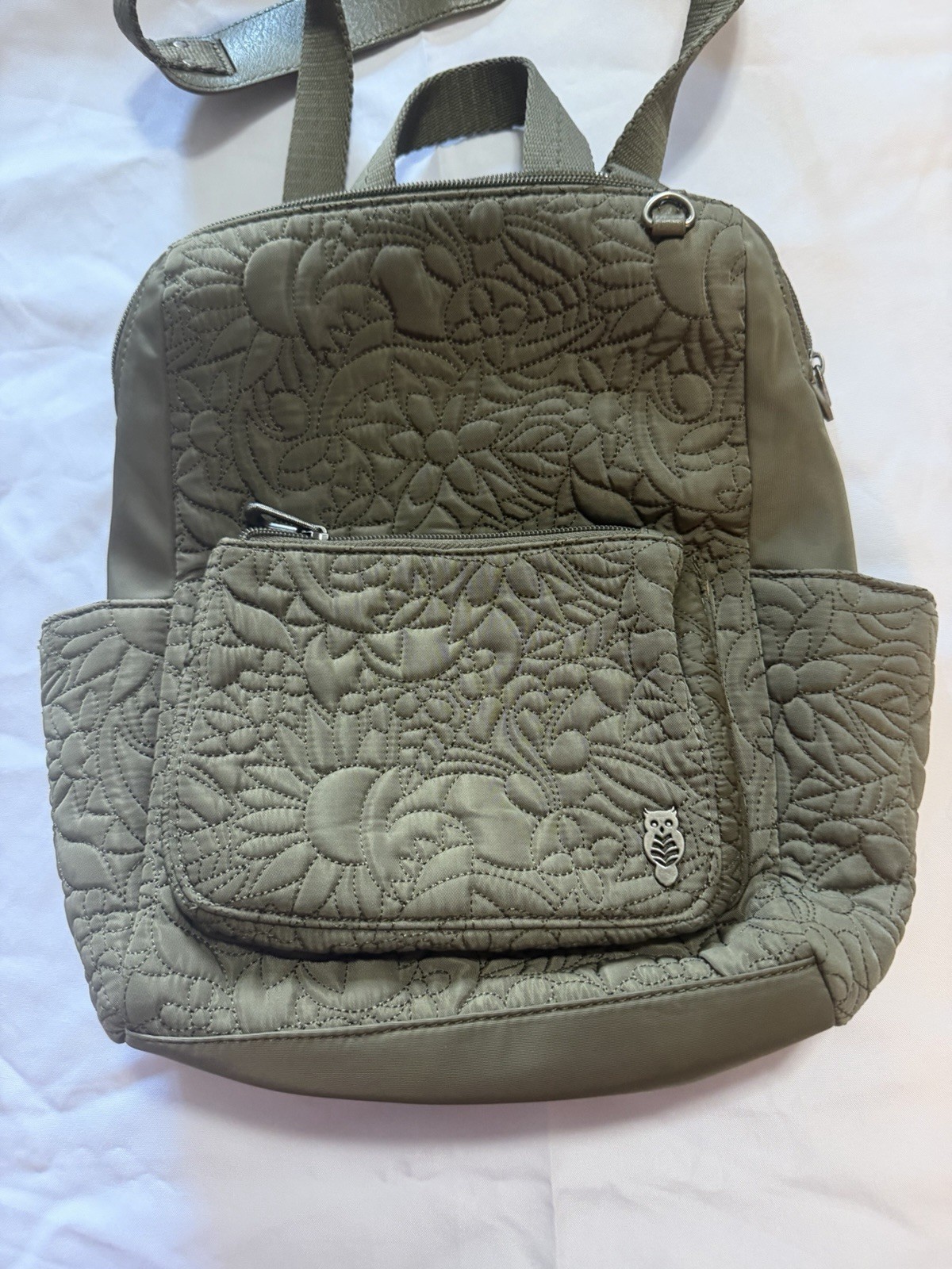 Quilted Convertible Backpack Crossbody Purse Olive Green Nylon Vegan EUC