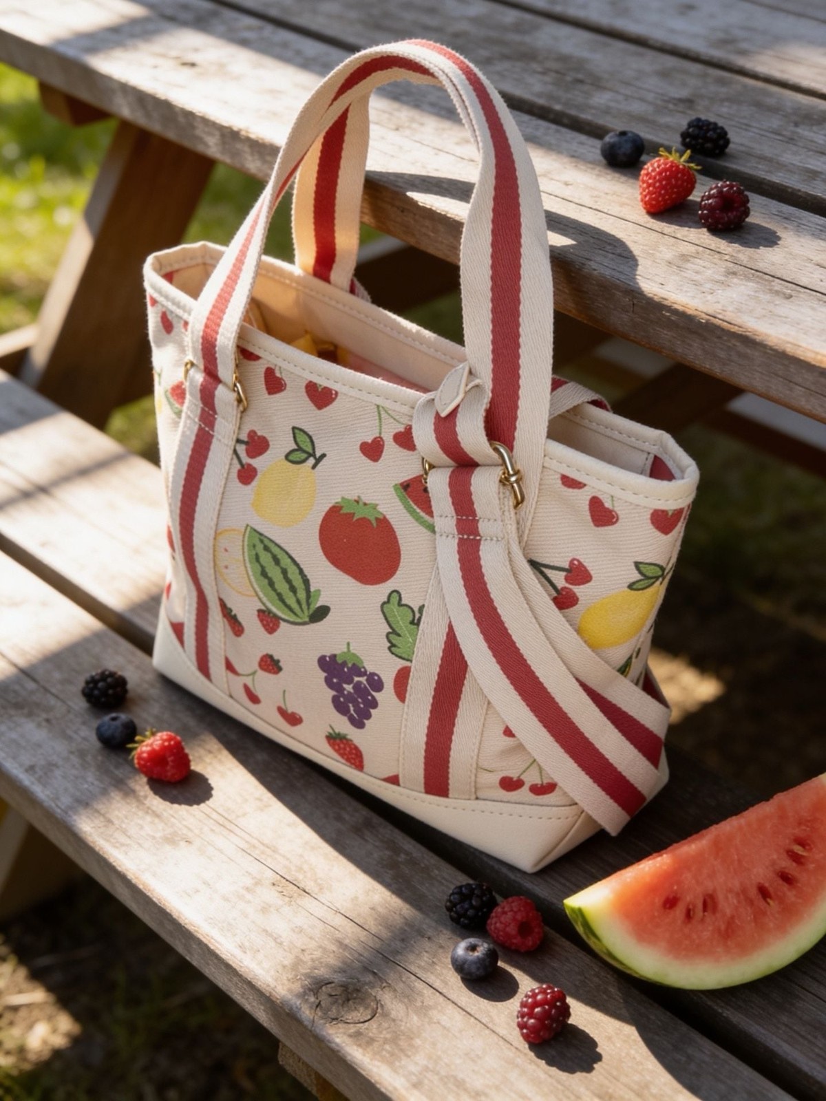 Luv Betsey by Betsey Johnson Fruit & Vegetable Pattern Canvas Tote Bag with Faux