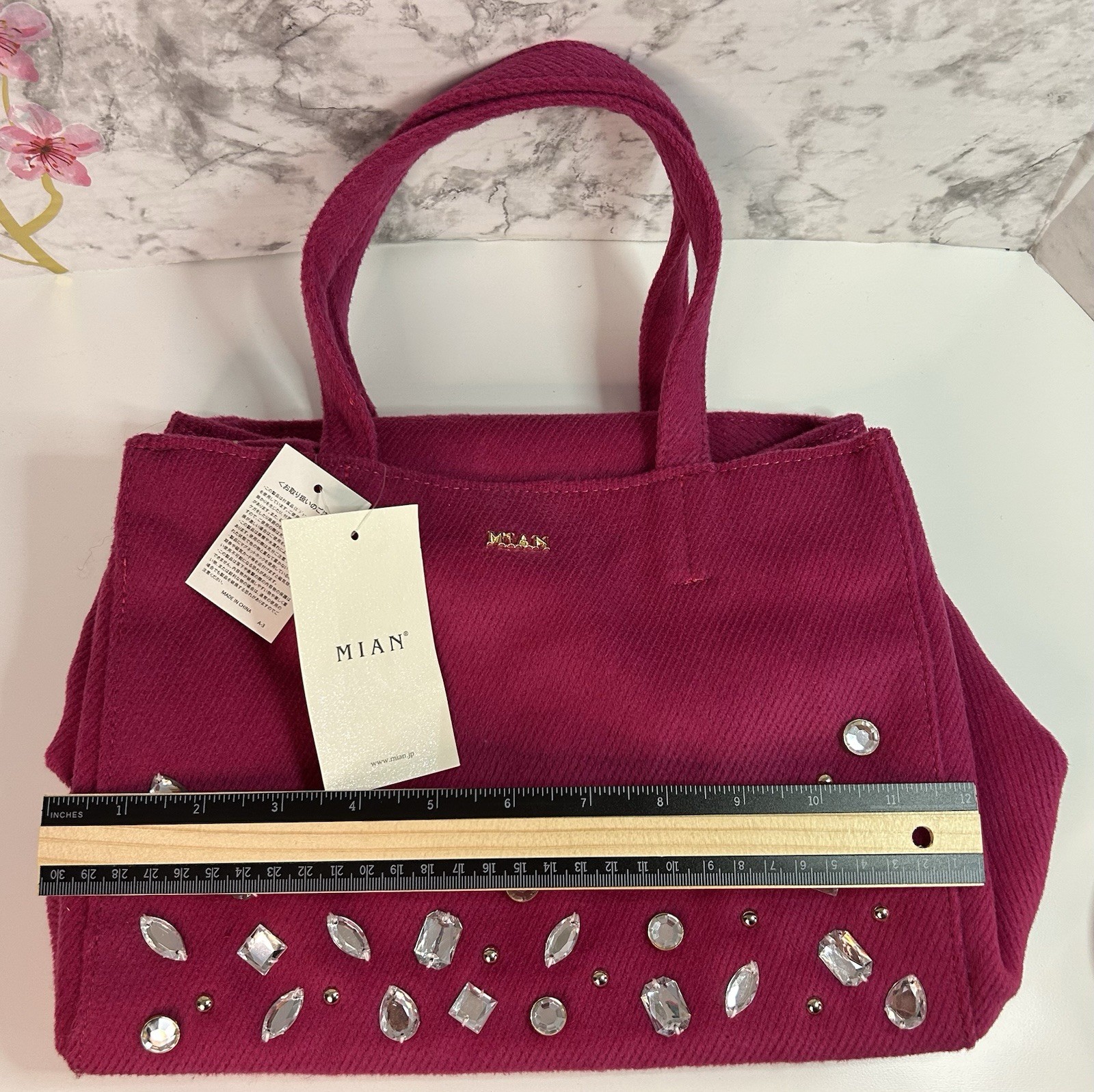 NWT Mian Purse / Tote Bag Hot Pink Brushed Fabric With Rhinestone Embellishments