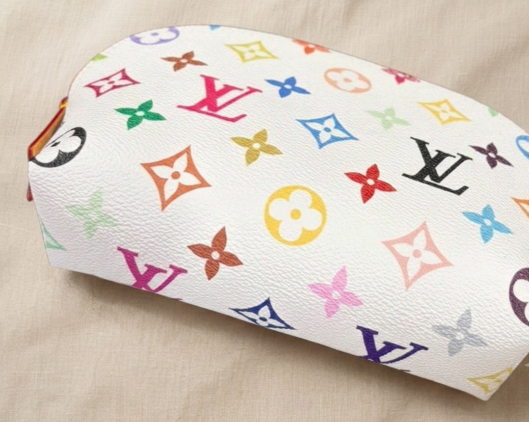 Auth LOUIS VUITTON Multicolor Pochette Cosmetic PM Pouch White ✨