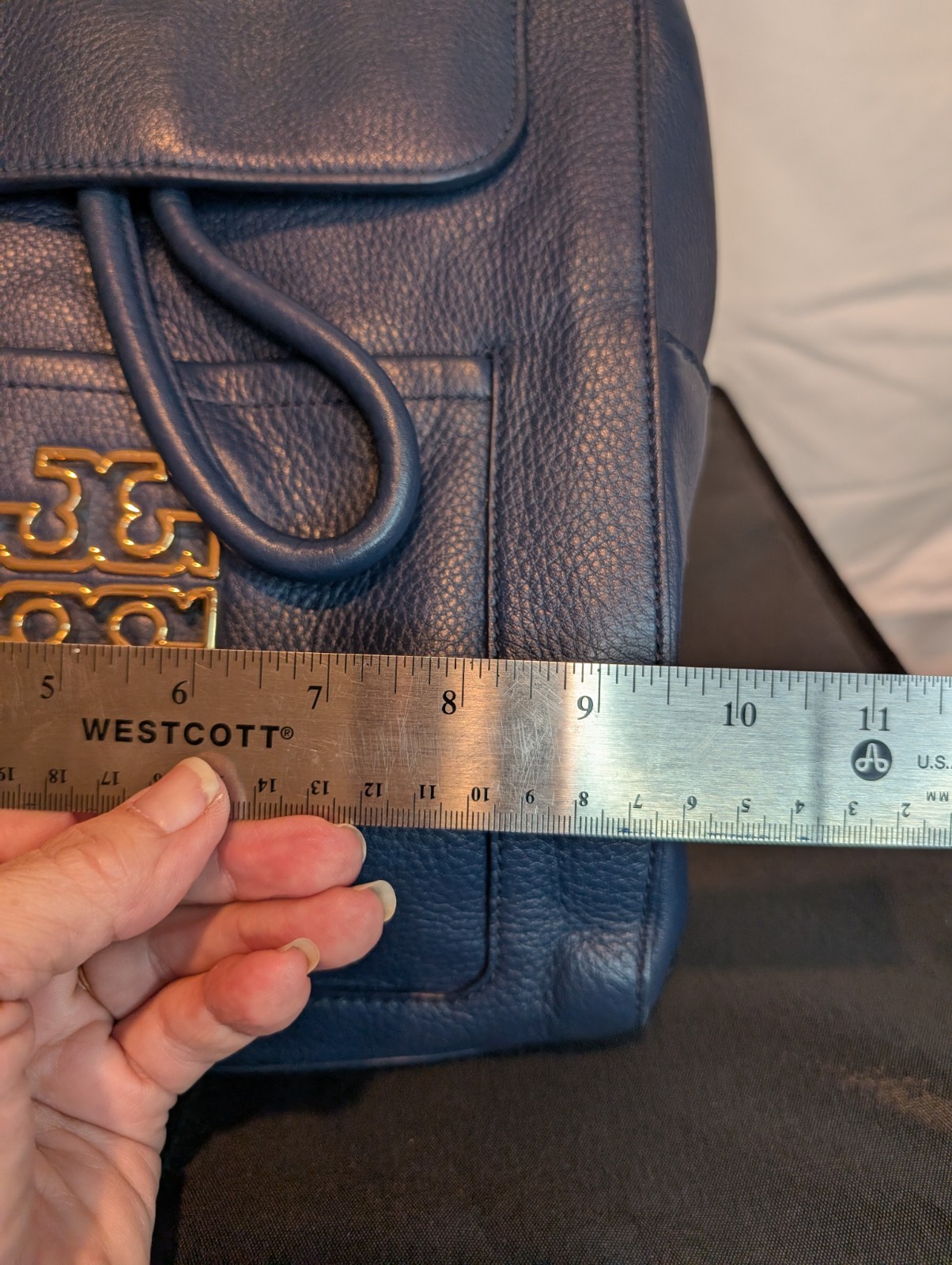 Tory Burch Britten Navy Leather Backpack W/ Gold Tone Logo