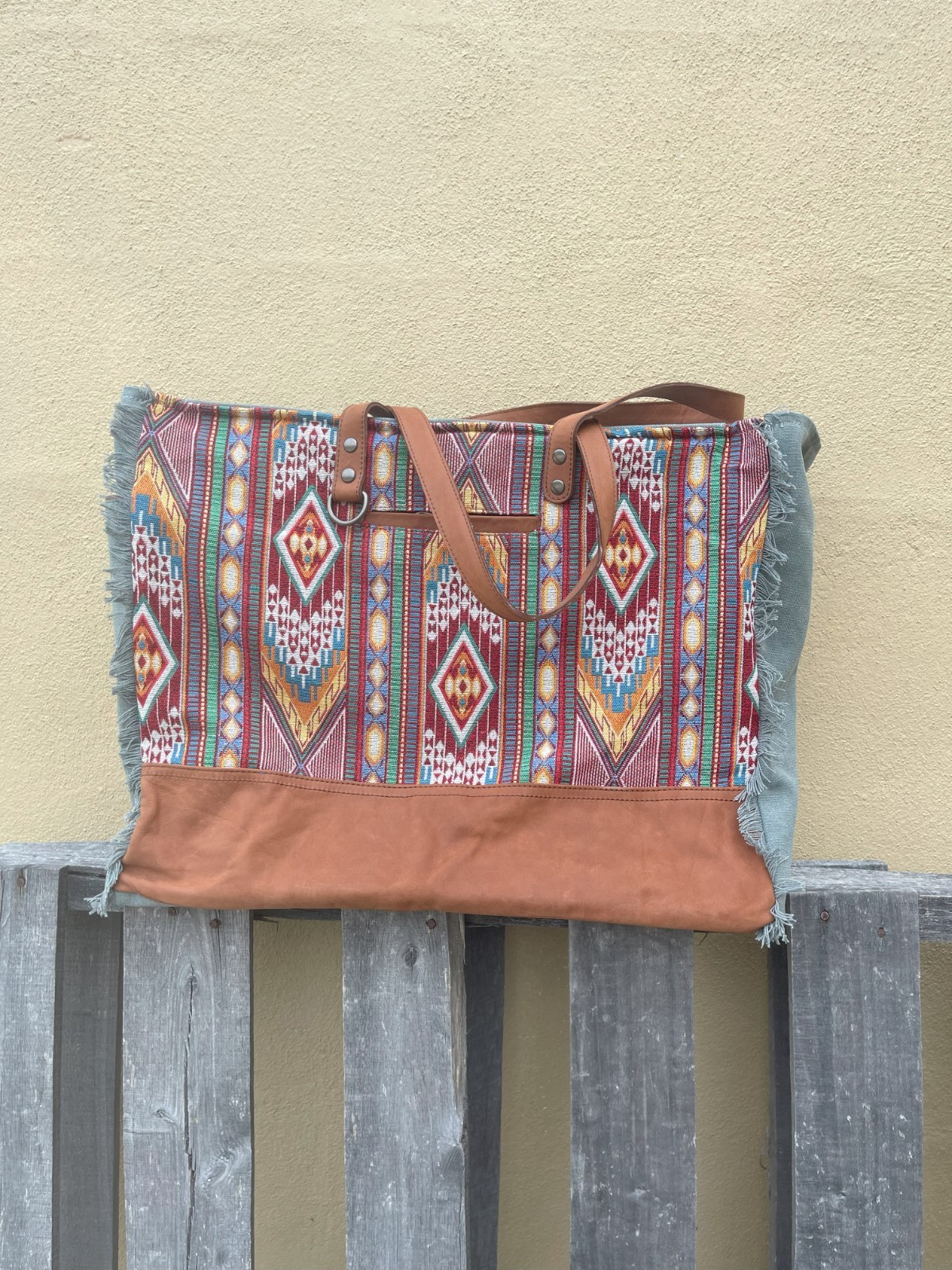 Red Woven Bohemian Tribal Canvas Design and Leather Conceal Carry Weekender Bag