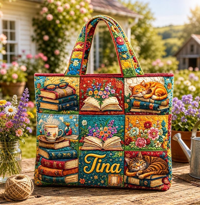 Personalized Bookish Cat Quilt Tote Bag, Custom Meadow Kitty Tea Bookworm Tote,