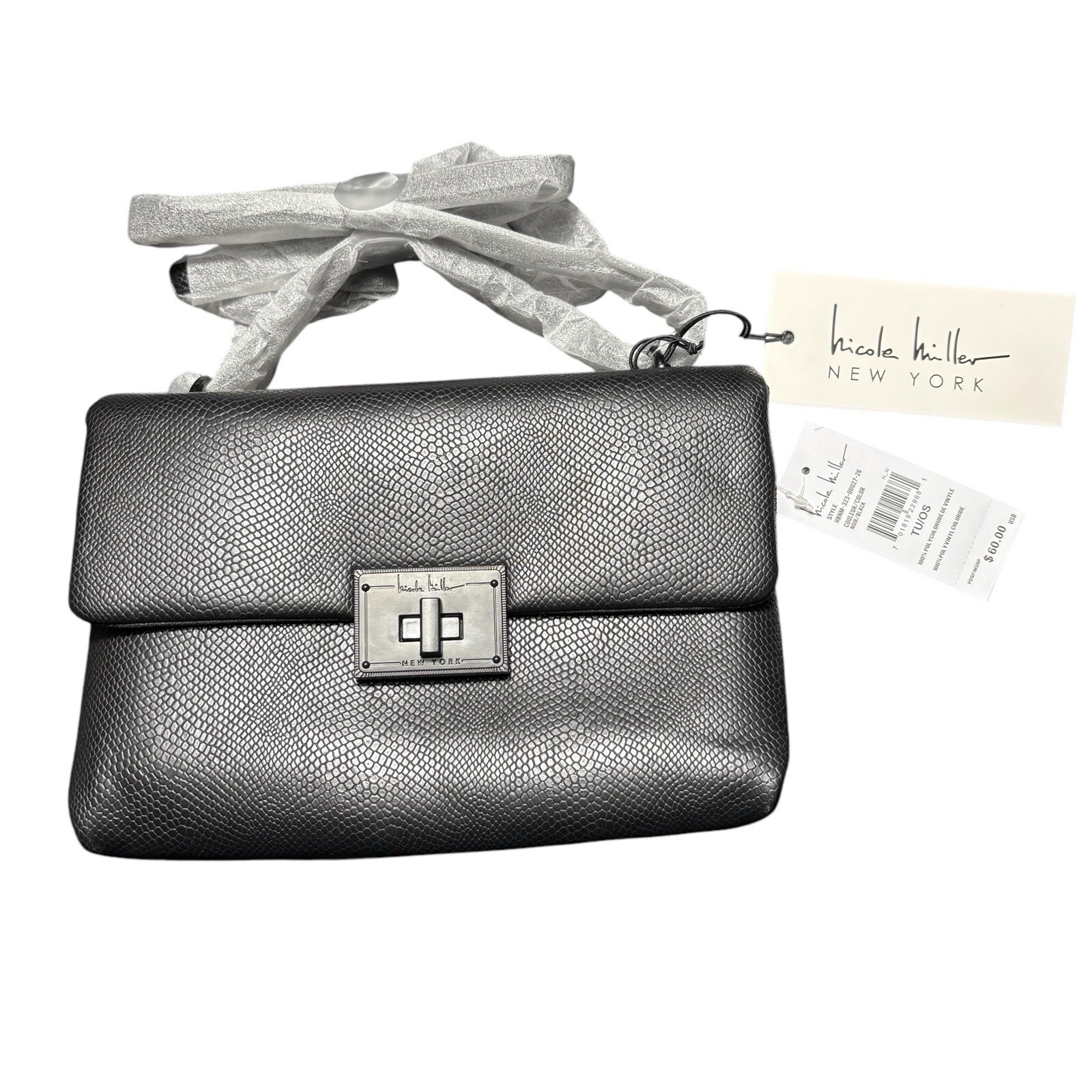 Nicole Miller Reptile Print Black Crossbody Handbag Chain Strap NWT $60