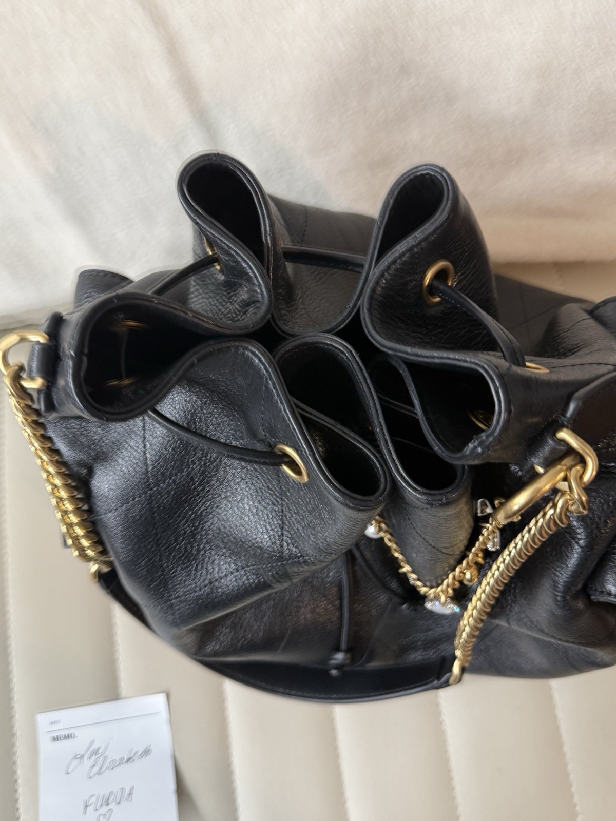 Tory Burch Charlie Quilted Drawstring Bag Large Black Gold Chain Dust SOLDOUT