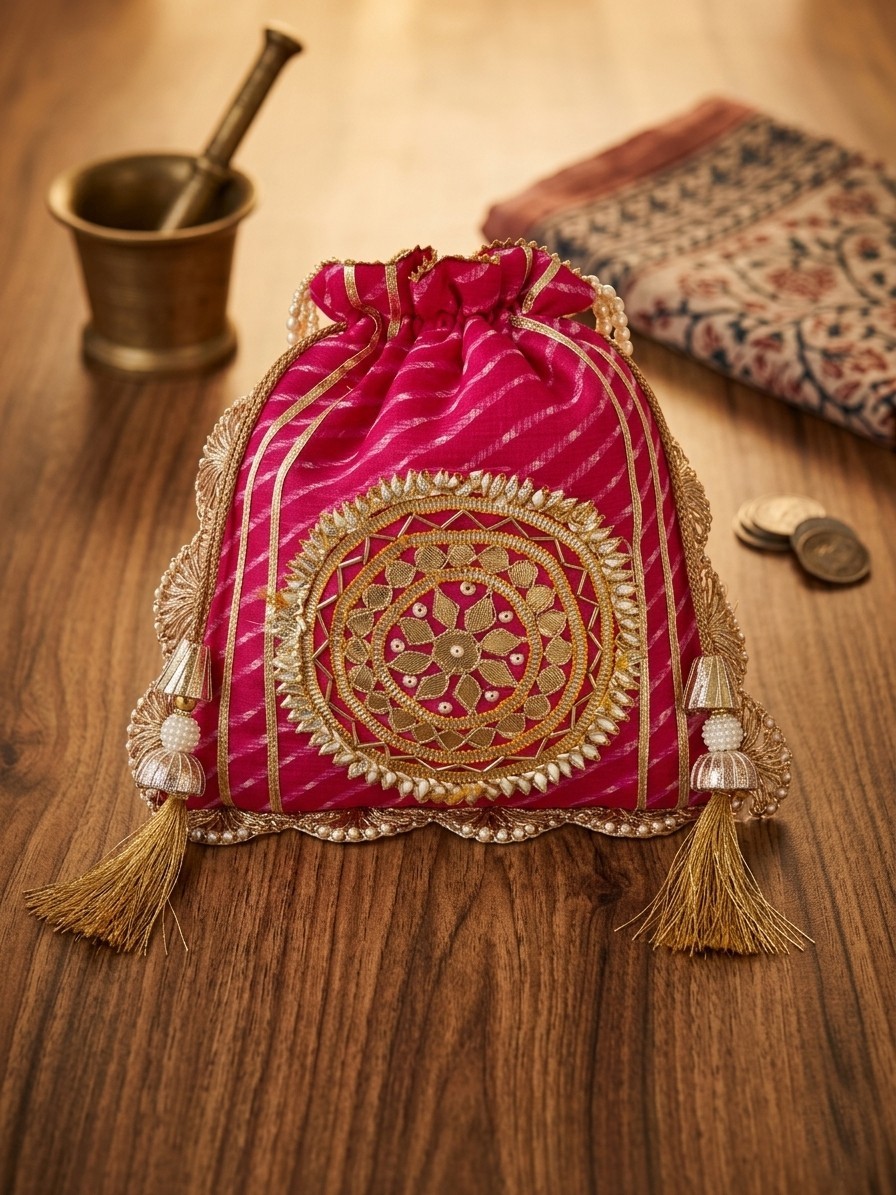 Indian Leheriya Gotta Handwork Flower with Pearl Lace and Handle Party Potli Bag