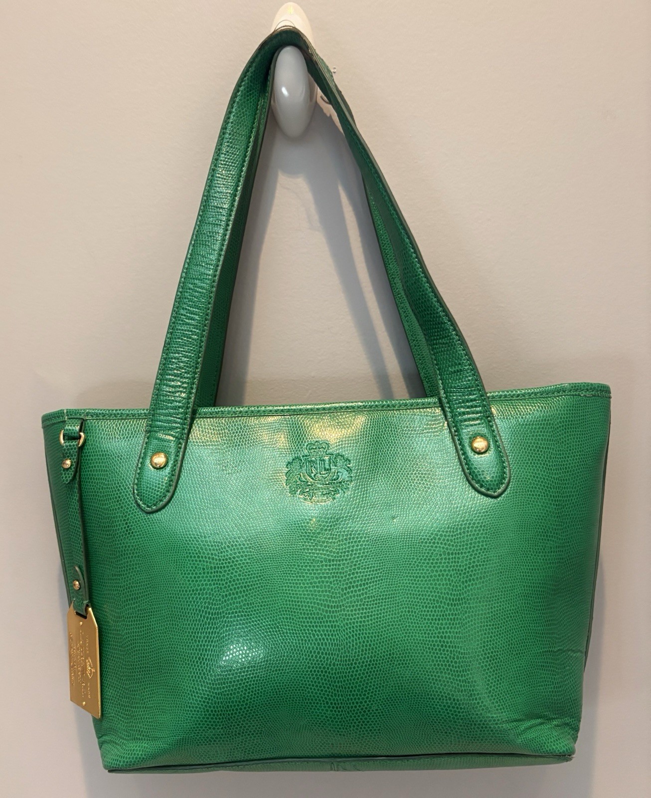 Lauren Ralph Lauren Green Lizard Embossed Tote Bag Preppy Equestrian Style