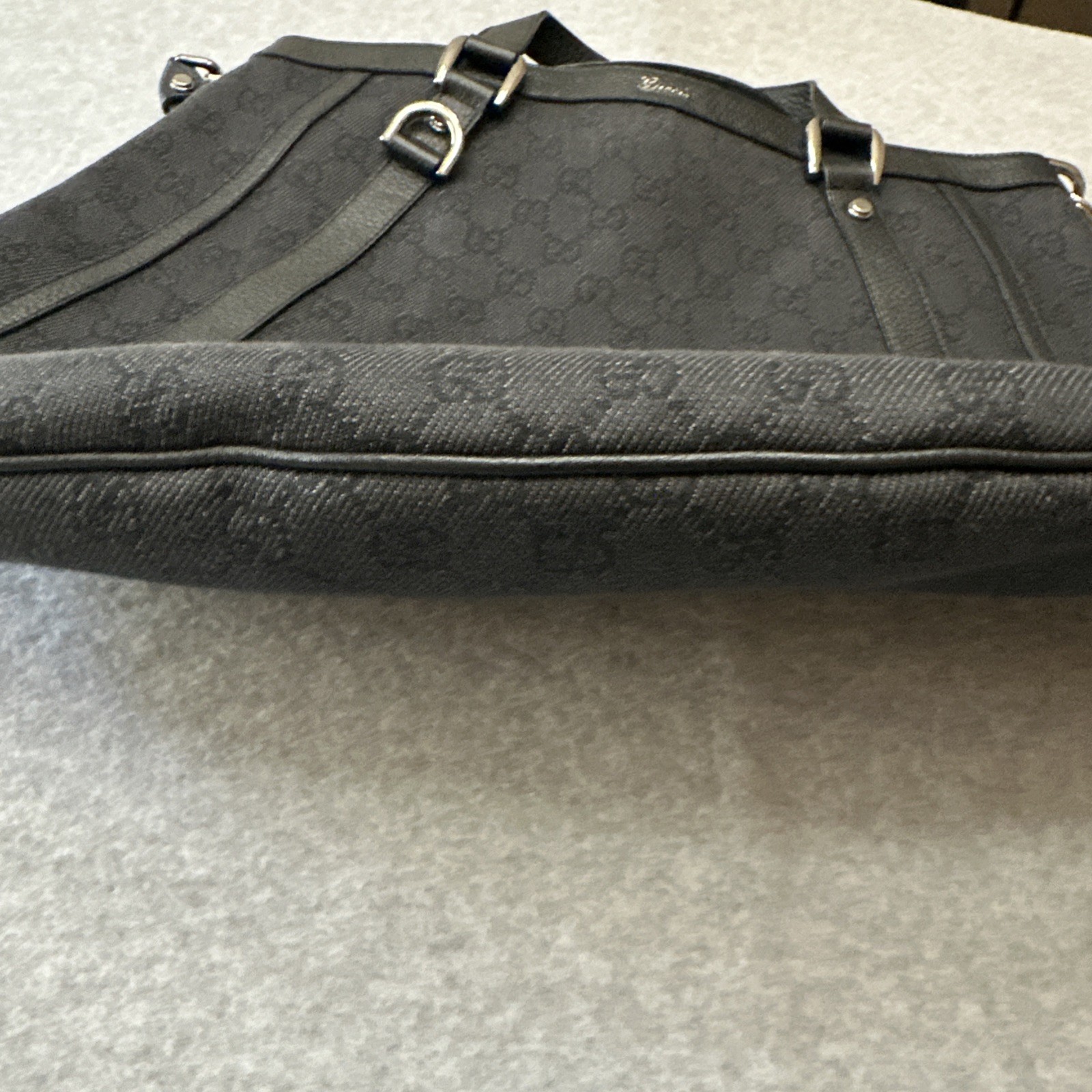 Gucci Two Way Black Abbey Monogram Canvas Tote Purse Bag