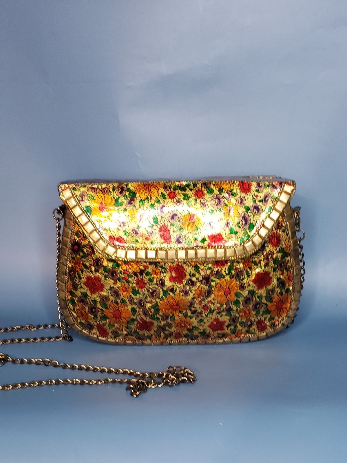 Antik Kraft Amoli Mosaic Metal Clutch Handbag w Gold Chain