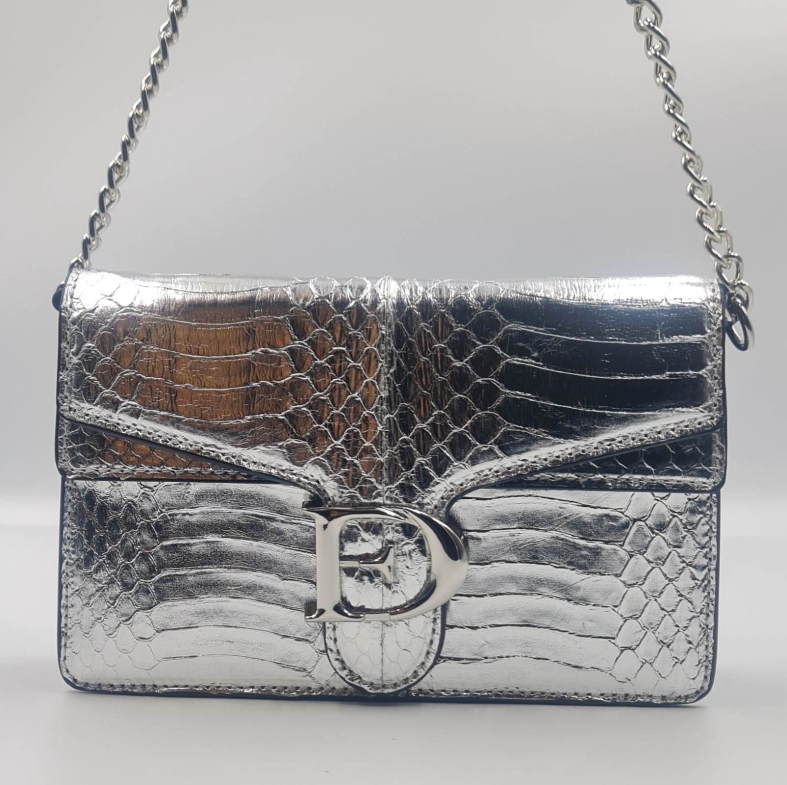 Silver Metallic Snake Embossed Chain Shoulder Crossbody Evening Bag
