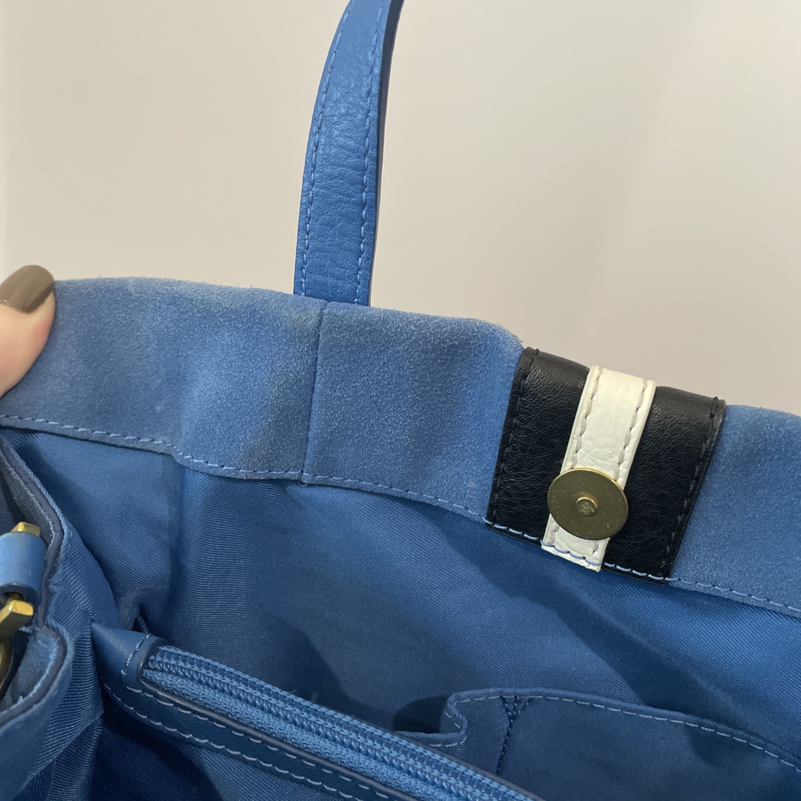 Fossil Carmen Shopper Blue Suede Leather Tote Bag