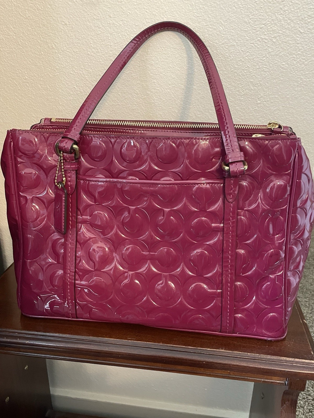 Coach Peyton Op Art Embossed Patent Double Zip Carryall 24607 Passion Berry